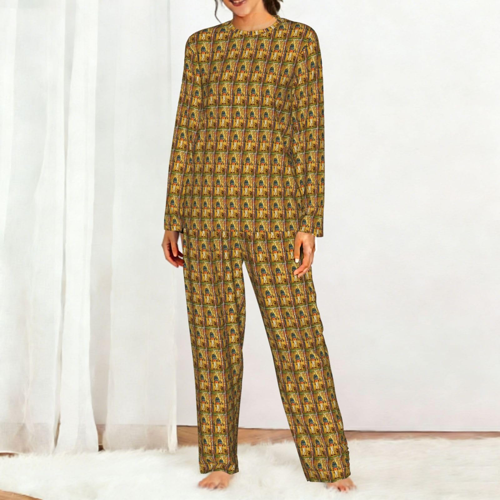 Antico Egitto Tribe Serie Stampa Delle Donne Manica Lunga Abbinamento Pigiama Quotidiano Confortevole Loungewear Abiti Da Notte