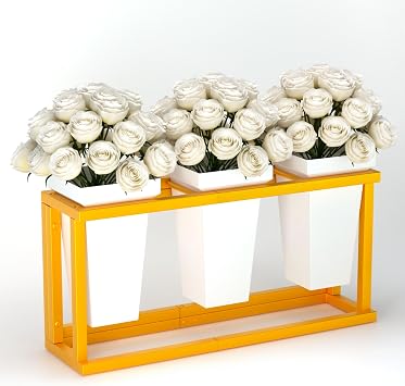 Flower Display Stand - Plant Stand with 3pcs Plastic Flower Buckets , Moving Heavy Duty Flower Cart Flower Metal shelf Indoor,Outdoor Patio,Garden,Living Room,Florist with White Buckets
