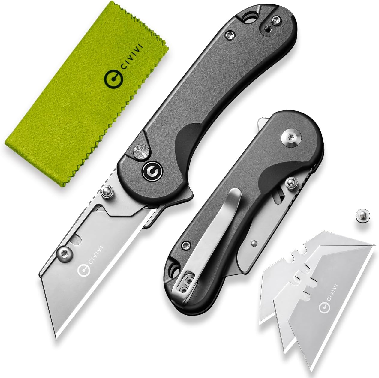 CIVIVI Folding Utility Knife Box Cutter, Elementum Utility Pocket Edc Knife with 3Pcs Extra Razor Blades, Three Ways to Open, Ideal Gifts for Men Women C23039B-4