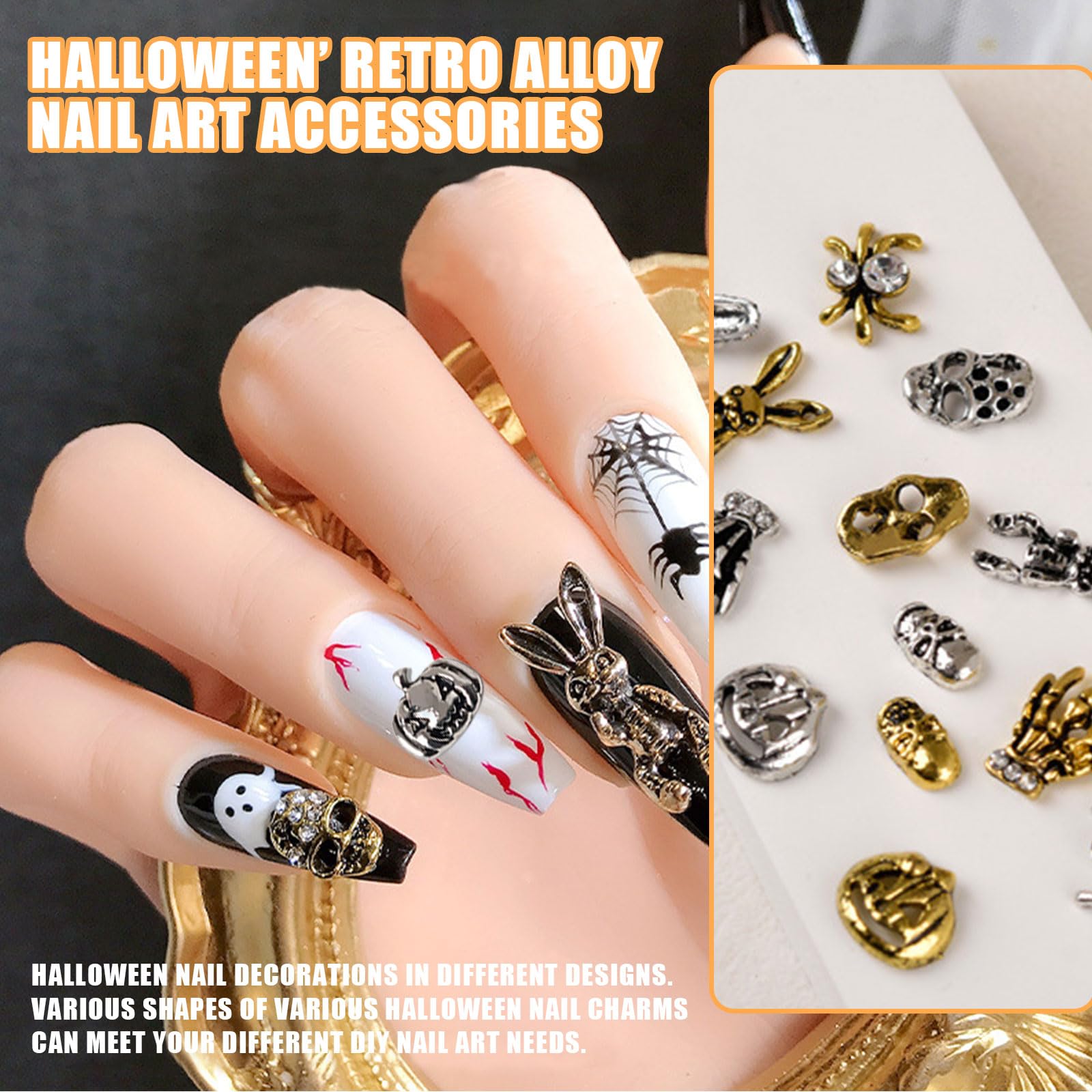Halloween Nail Charms,72pcs Ghost Claw Spider Nail Gems with Rhinestones,Retro Skeleton Skull Hand Pumpkin Rabbit Gold Silver Alloy Nail Art Jewelry Decoration for DIY Halloween Nail Design Crafts - Image 4