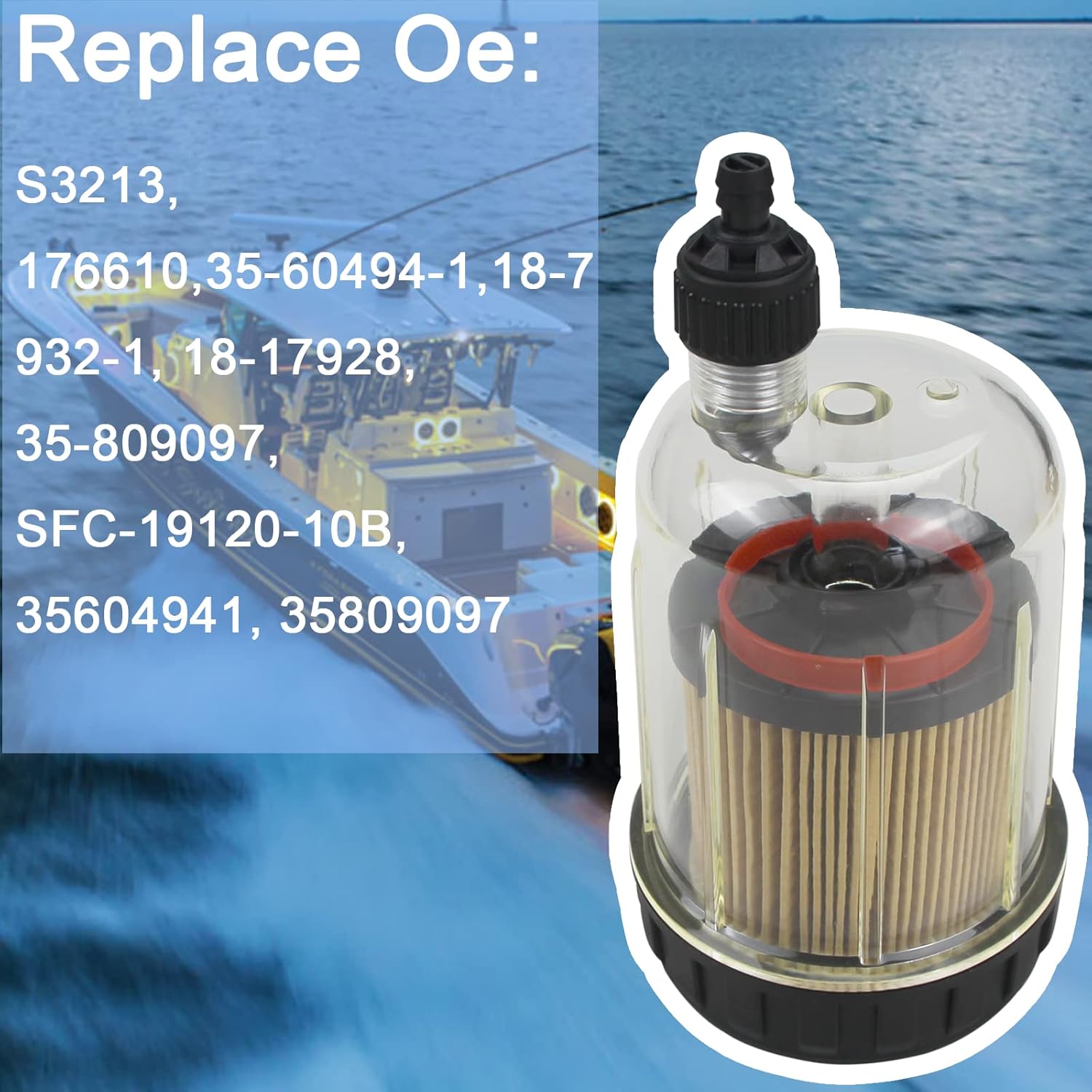 S3213 Fuel Filter Marine Water Separating Update ABS 10 Micron Compatible with Marine Outboard Motor Mercury Yamaha Replace# 35-60494-1, 18-7932-1, 18-17928, 35-809097 No housing header