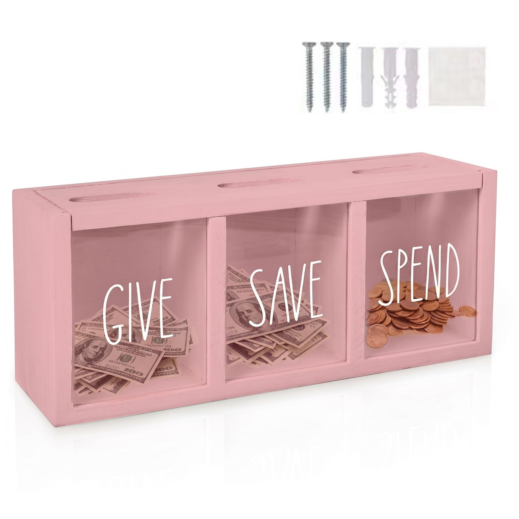 Monwssoe Save Spend Give Bank For Kids, 3-compartment Wooden Piggy Bank, Money Saving Box With Clear Acrylic Panel, Wall-mount & Magnetic 4.7x3.9x9.8 inch