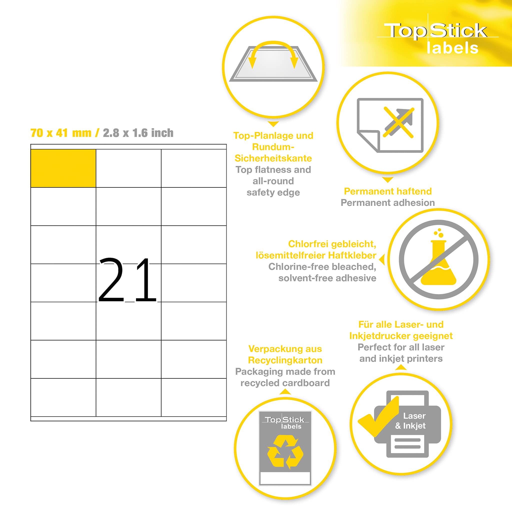 TopStick 8707 Etykiety adresowe, 21 etykiet na arkusz A4, 70 x 41 mm, 21000 etykiet, samoprzylepne, naklejki do drukarek laserowych i atramentowych, białe