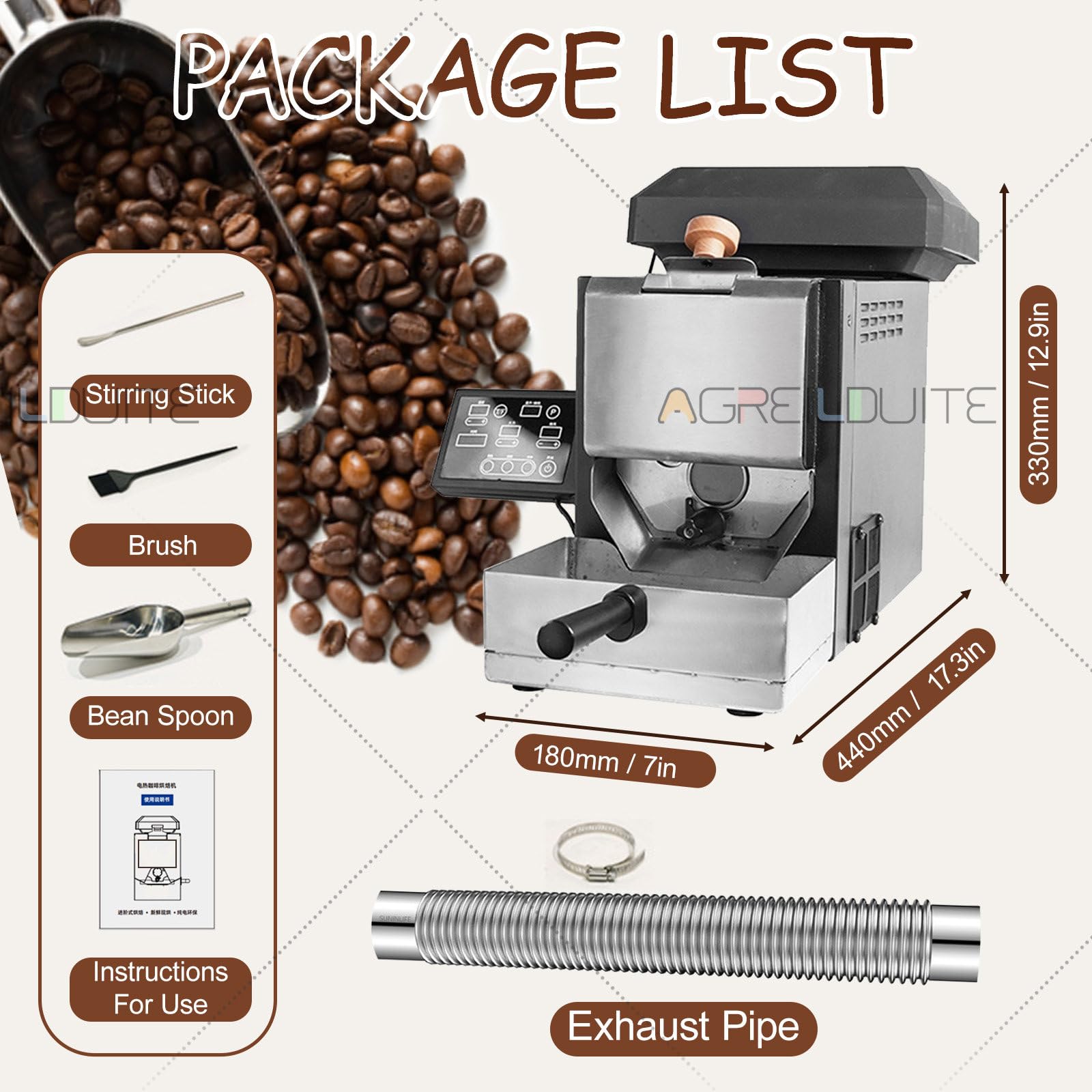 Kaffeebohnenröstmaschine, Professioneller Kaffeeröster Für 100–300 G Kaffeebohnen, Mit 9 Voreingestellten Kurven Für Helle/Mittlere/Dunkle Röstungen, Inklusive Rauchfilter Und Rauchrohren