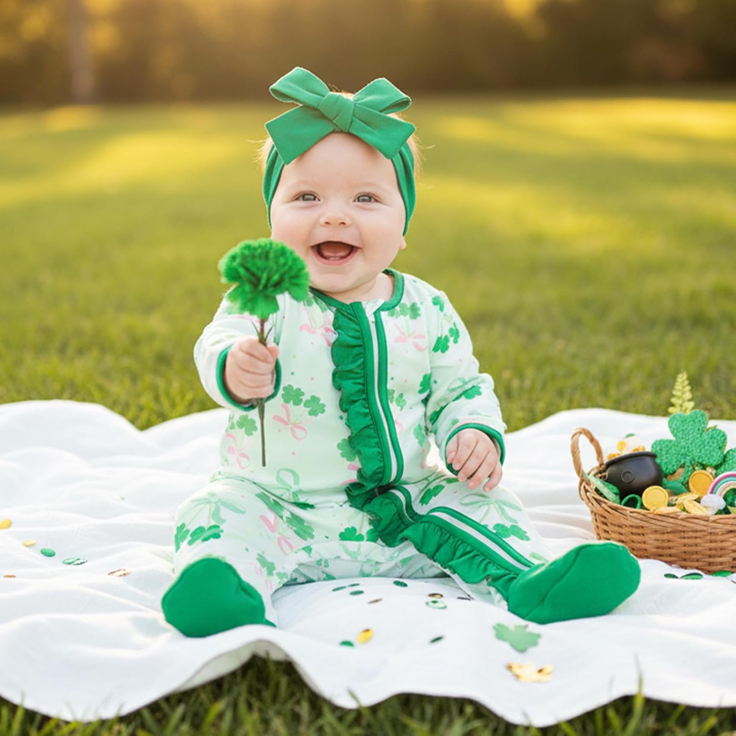 Newborn Baby Girl St Patricks Day Outfit Bow Clover Footies Long Sleeve Zip Up Footed Jumpsuit Headband Spring Clothes