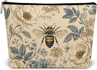 Vintage Beige and Blue Bee Floral Makeup Bag for Women | Bee Themed Gifts, French Style Floral Cosmetic Bag, Zipper Pouch and Makeup Organizer for Travel Toiletries