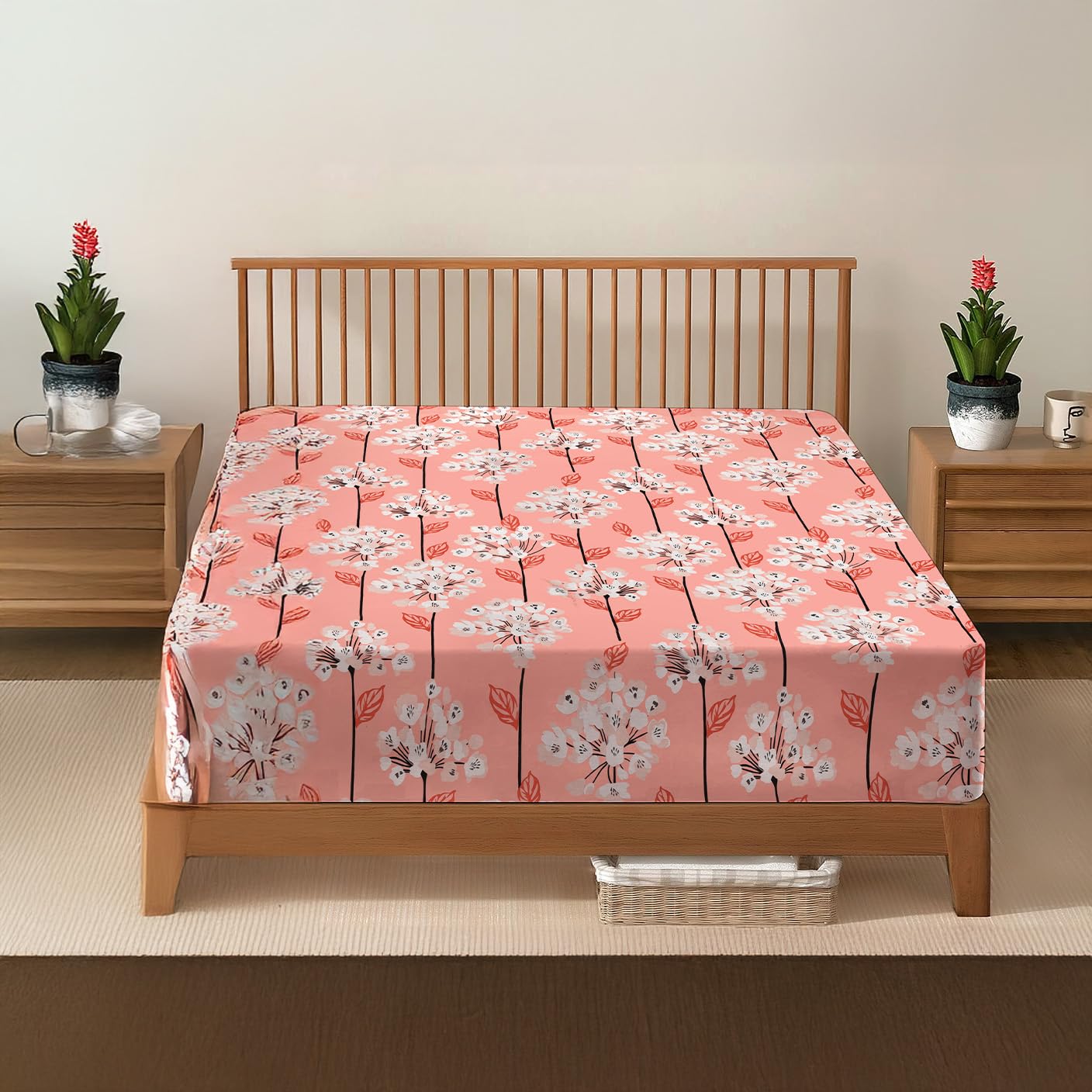 DANYDude 100% Egyptian Cotton Floral Printed Single Fitted Sheet 400 Thread Count Fitted Sheets Single Soft & Machine Washable 30cm/12” Extra Deep Fitted Bed Sheets Room Decor