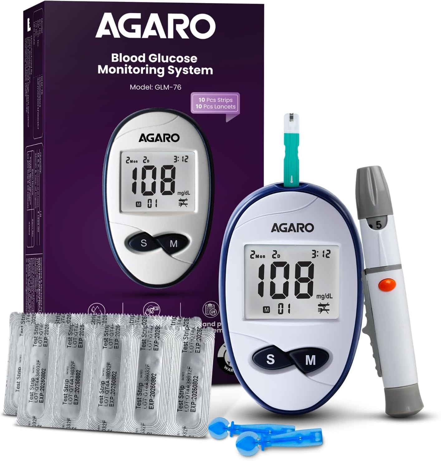 AGARO Glucometer, Blood Glucose Monitoring System with 10pcs Strips & Lancets, Glucometer Machine, Instant Blood Sugar Test at Home, Fast Blood Sugar Testing Device, Simple & Accurate, GLM-76.