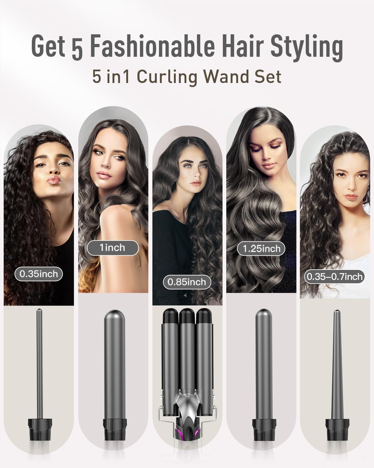Waver Curling Iron Curling Wand - BESTOPE PRO 5 in 1 Curling Wand Set with 3 Barrel Hair Crimper for Women, Fast Heating Crimper Wand Curler in All Hair Type - Gray, 1Pack