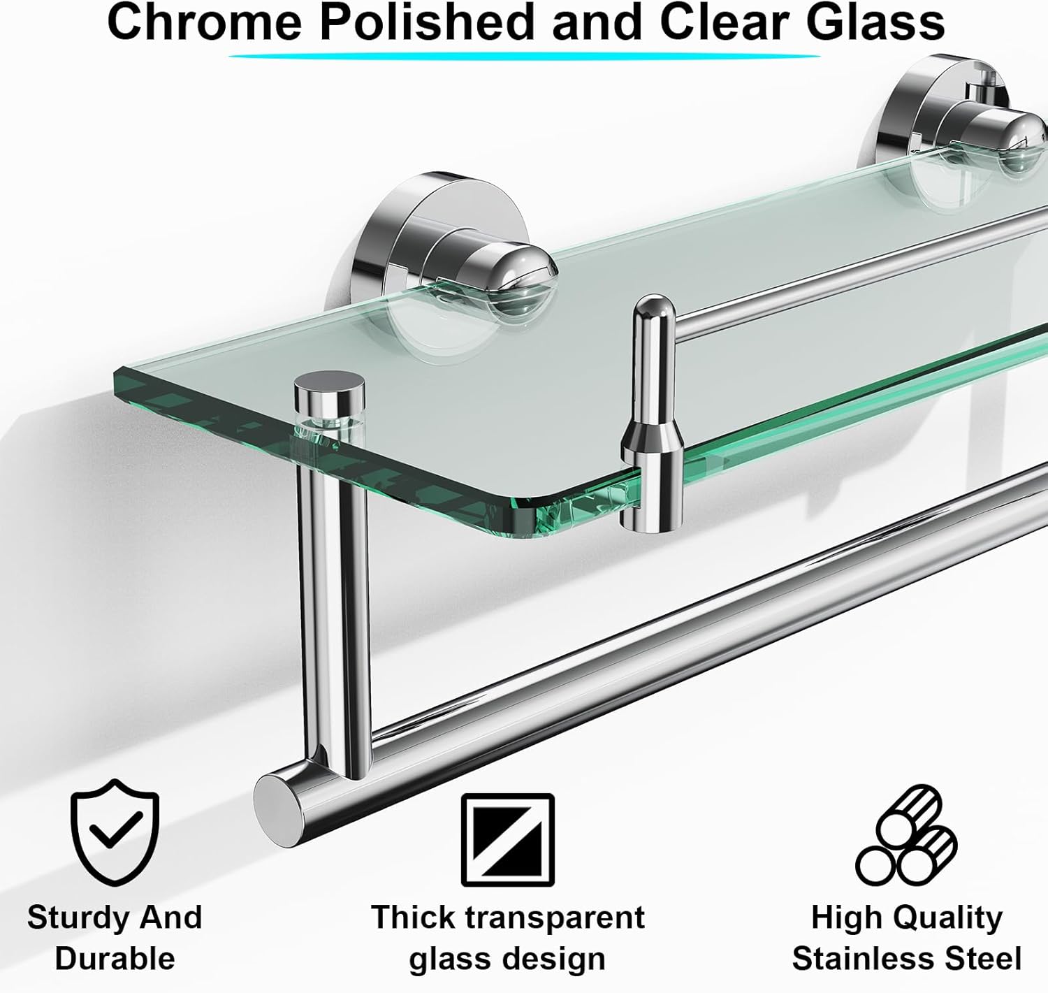 16-Inch Floating Tempered Glass Bathroom Shelf with Towel Bar - Chrome Polished & Stainless Steel, Wall Mount