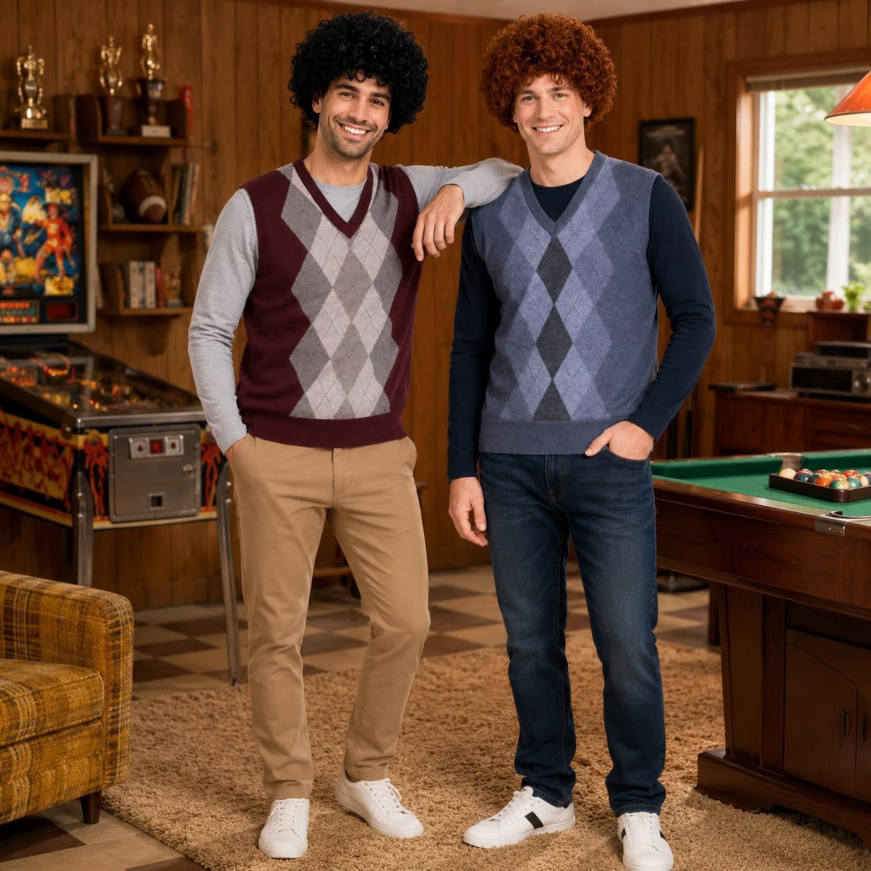 JcHrmers 4 Pcs Halloween Brothers Cosplay Costume Set Afro Fluffy Wigs Knitted Vests for Halloween Adult Men Women Cosplay Disco Party Dress Up Outfit (Large)