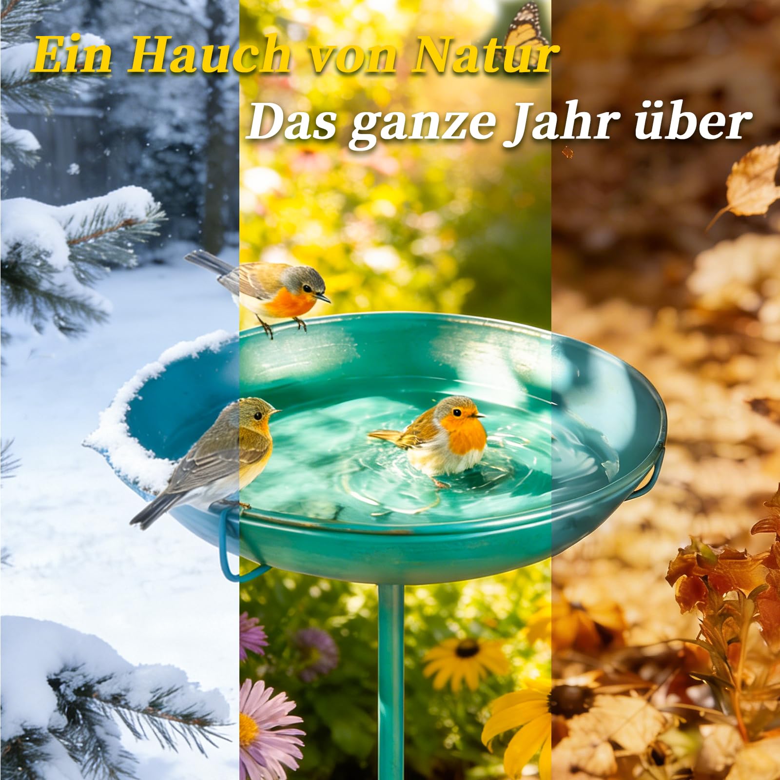 Mellbree Vogeltränke Stehend, Großes Vogelbad mit Sitzstange, Multifunktional für Garten, Metall Vogeltränke in Seeblau mit Goldverzierung – lockt zahlreiche Vogelarten an. (25cm)