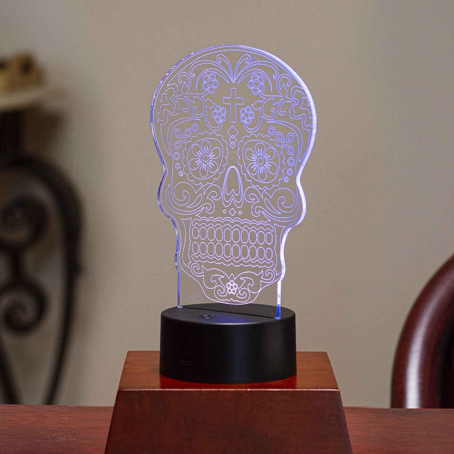 Ebros Gift Love Lock Floral Sugar Skull Engraved Clear Acrylic Glass LED Night Light Fantasy Alchemy Ossuary Skulls Skeletons Courtesy Multi Color Nightlight USB Or Battery Powered