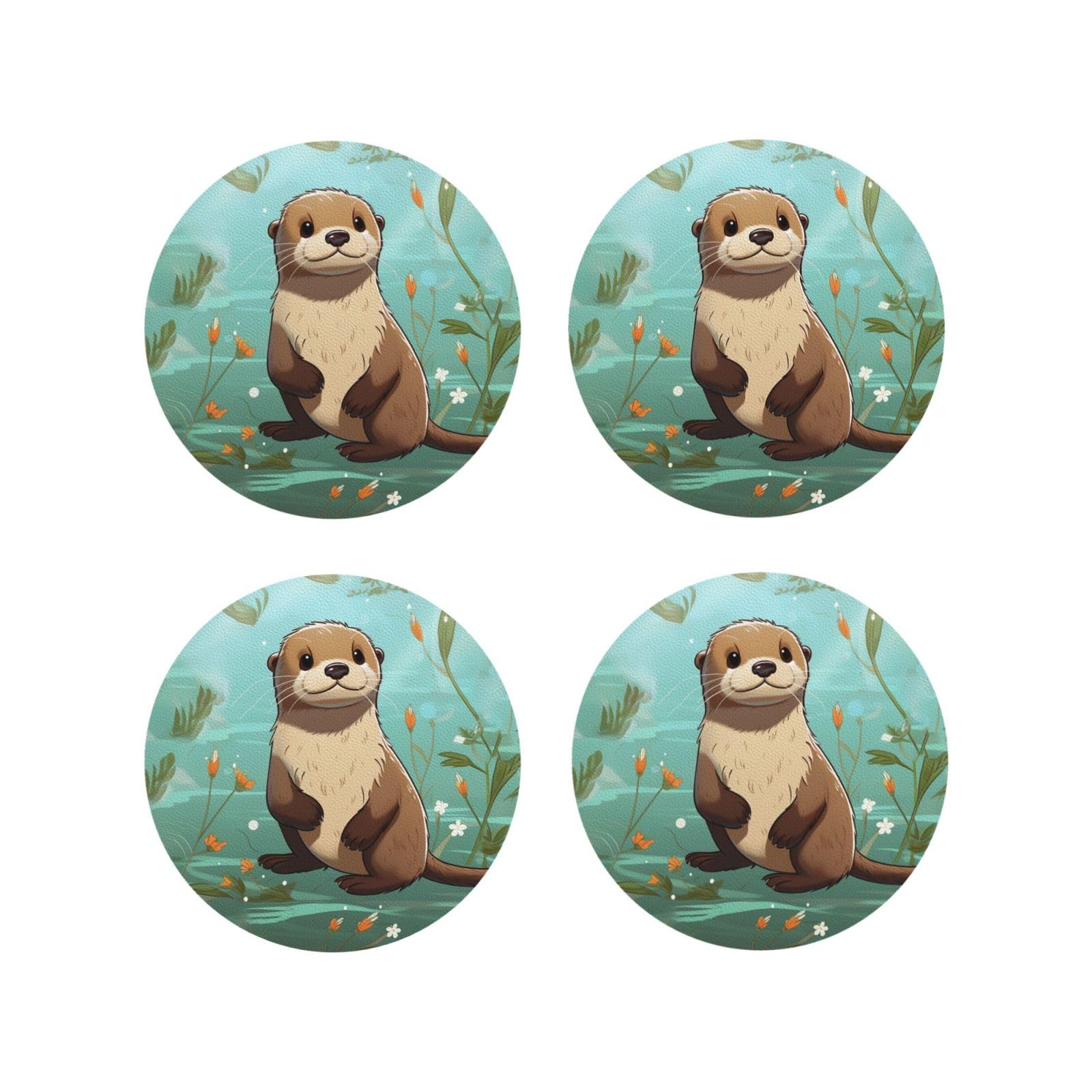 4Pcs PU Leather Coaster for Drinks, Cartoon Cute Otter Cup Coastersr 4" Cup Mat Pad, Aesthetic Drink Coasters for Coffee Table, Round Shape Coaster for Tabletop Protection