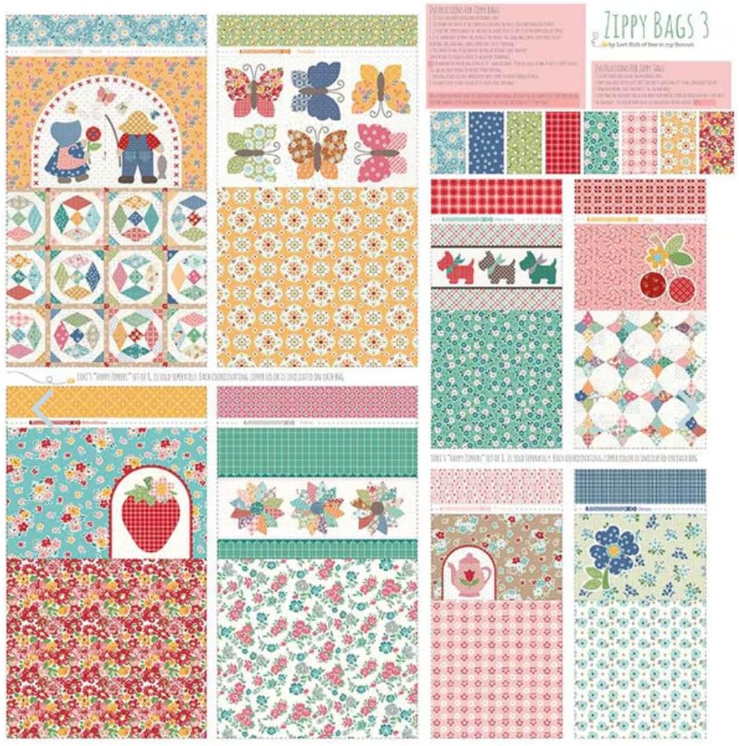 Riley Blake Zippy Bags 3 Fabric Panel by Lori Holt - 56x56 Inch Canvas for 4 Large & 4 Small Project Bags, Quilting & Crafts