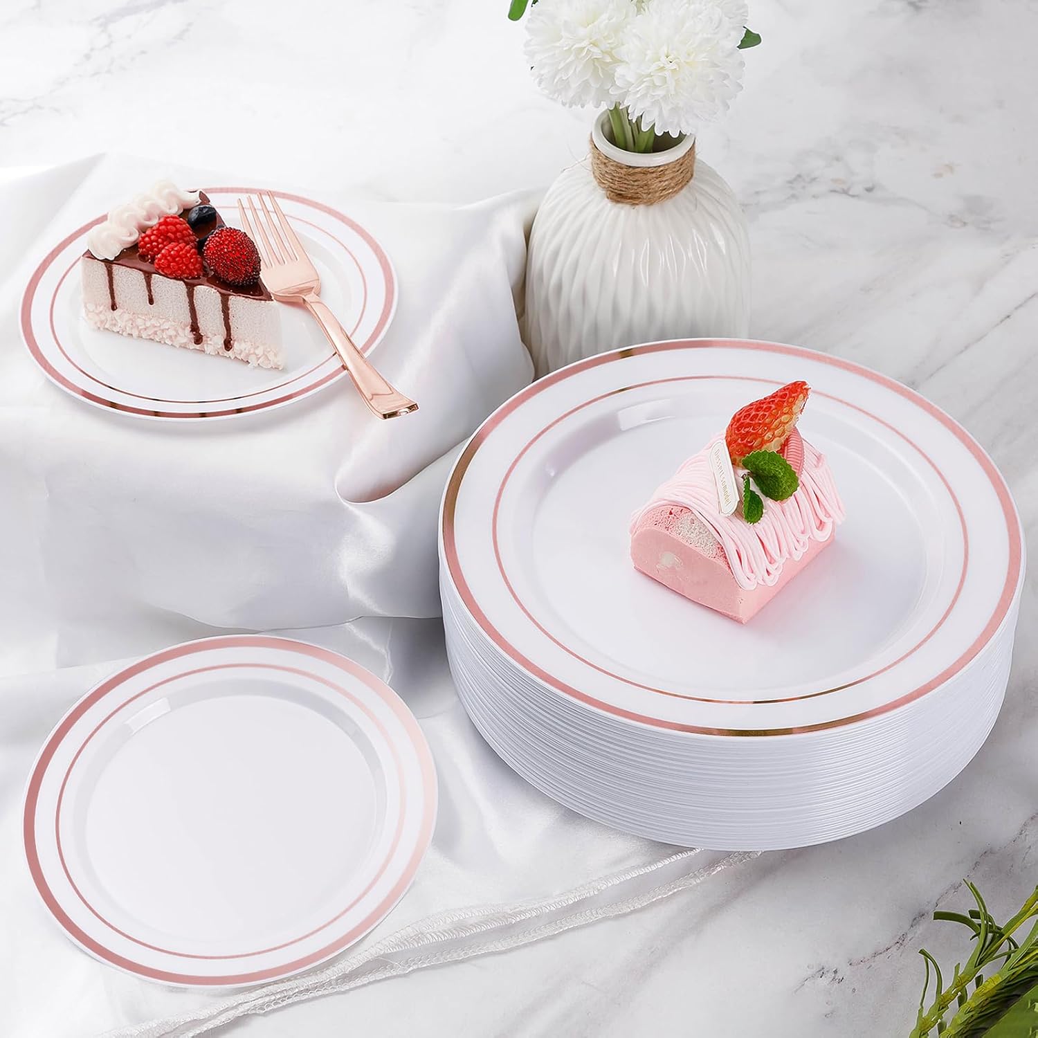 Goodluck 600 Pieces Rose Gold Disposable Plates for 100 Guests, Plastic Plates for Party, Wedding, Dinnerware Set of 100 Dinner Plate, 100 Salad Plates, 100 Spoons, 100 Forks, 100 Knives, 100 Cups - Image 6