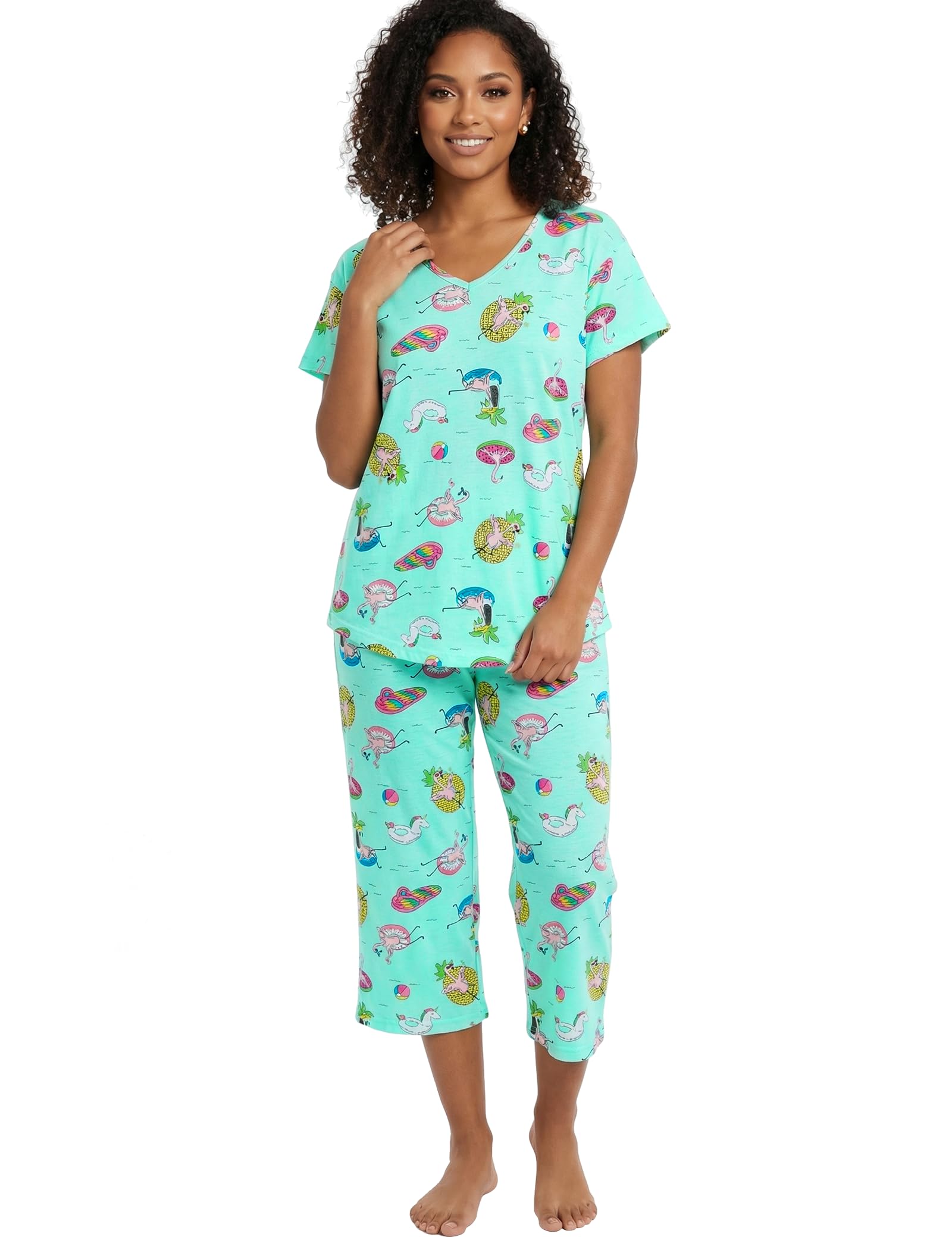CHUNG Women Cotton Pajama Sets Sleepwear pjs Short Sleeve Shirt Capri Length Crop Pants Cute Vivid Print