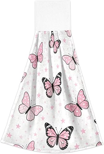 Miniatura 2 de Kitchen Towel with Loops for Hanging Bathroom Hanging Towel Pink Butterflies and Stars Retro Sun and Moon Orange White Set of Two toalla para cocina