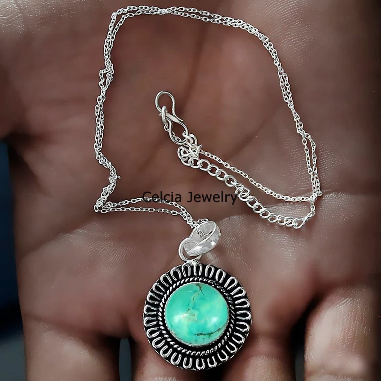 Collana in argento sterling 925 massiccio per donna, pietra preziosa turchese blu tonda genuina, regalo unico fatto a mano con pietra natale di dicembre per lei