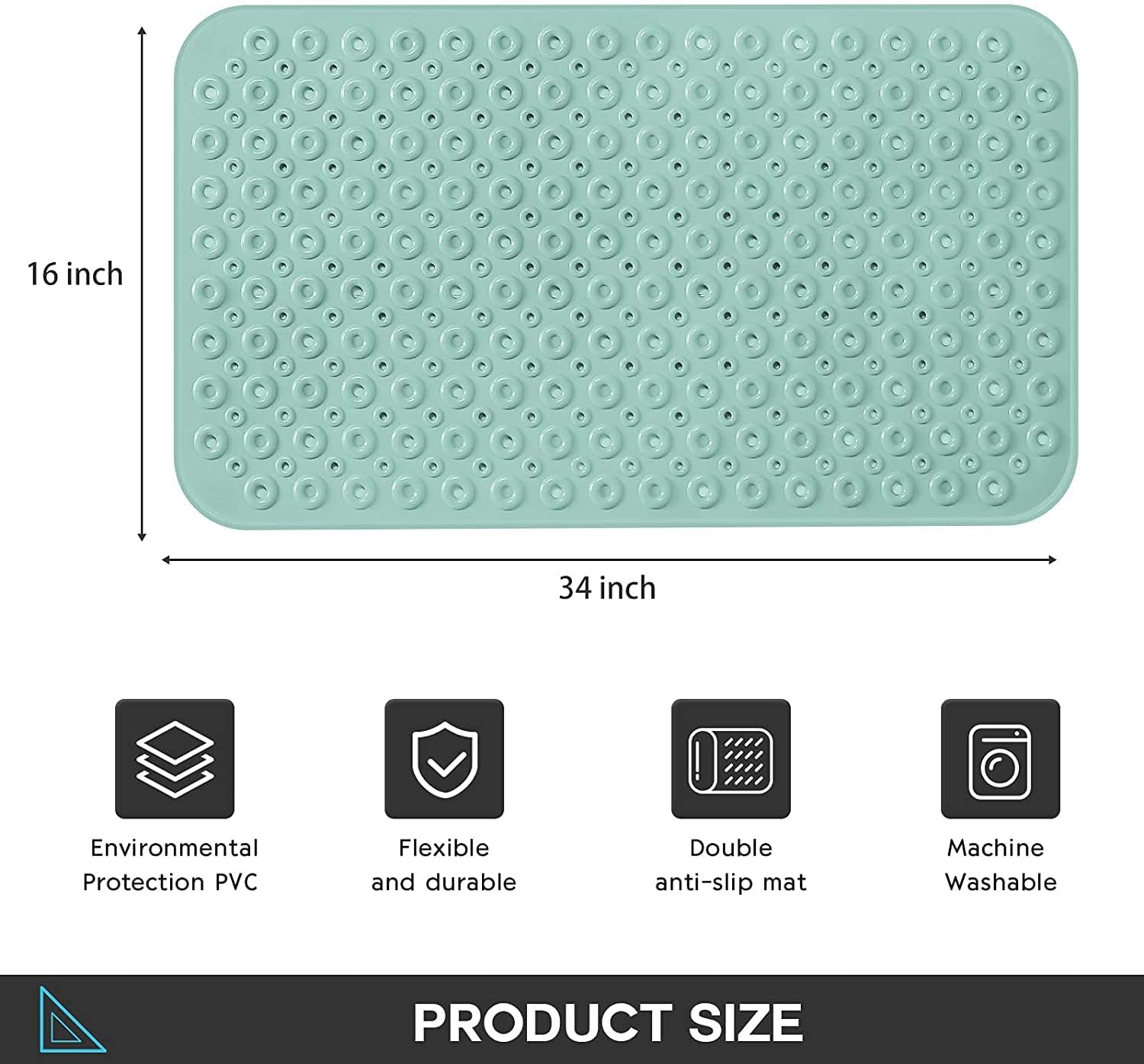 Bsicpro Bath Tub Shower Mat Non-Slip Bath Mat for Tub and Shower 35"x16" Upgrade Reinforced Large Suction Cups and Circle Hole Massage Enlarged Design of Central Drain Hole (Emerald Green)