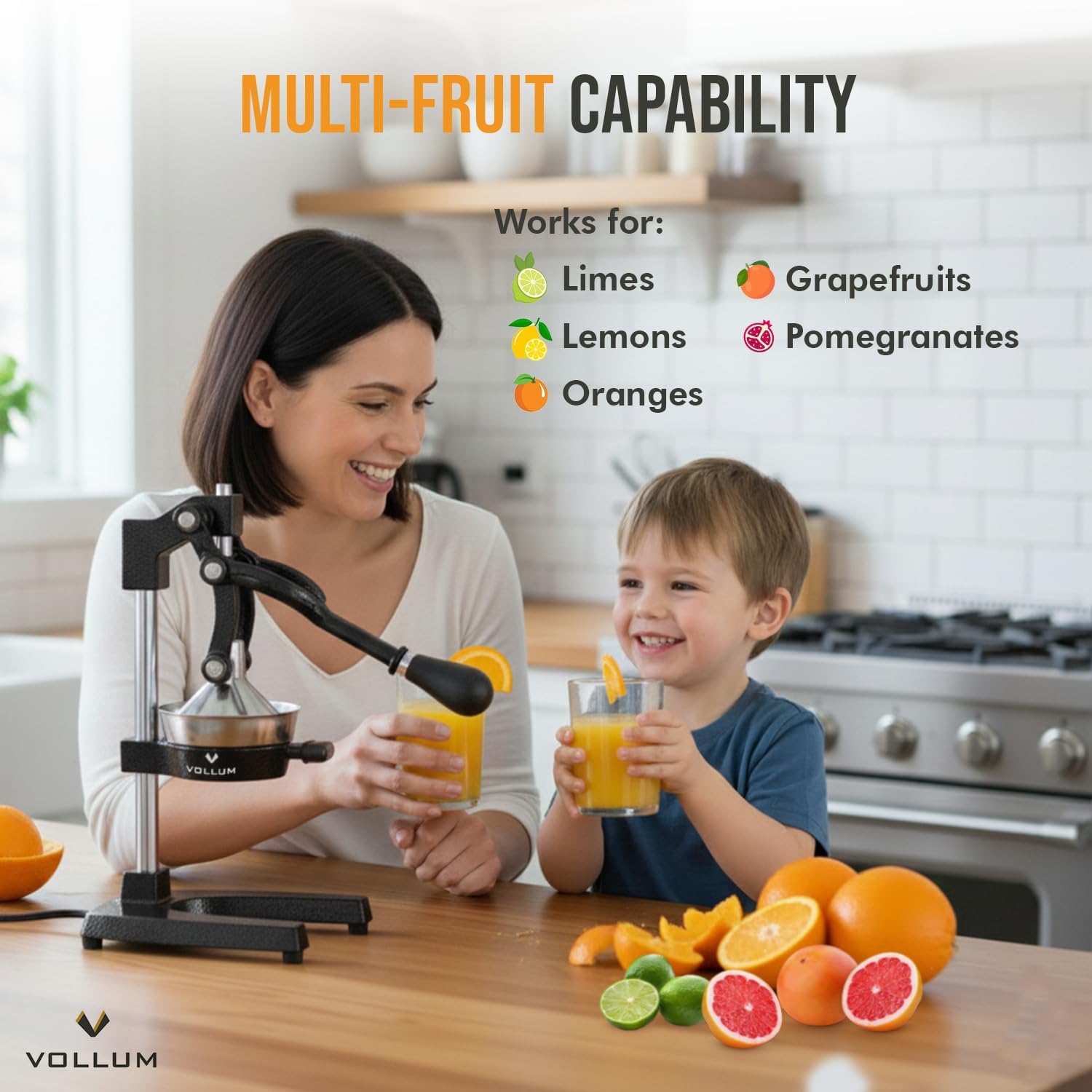 Manual Fruit Juicer,Commercial Grade Home Citrus Lever Squeezer for Oranges, Lemons, Limes, Grapefruits and More,Stainless Steel and Cast Iron,Non-skid Suction Cup Base,15 Inch,Black,by Vollum