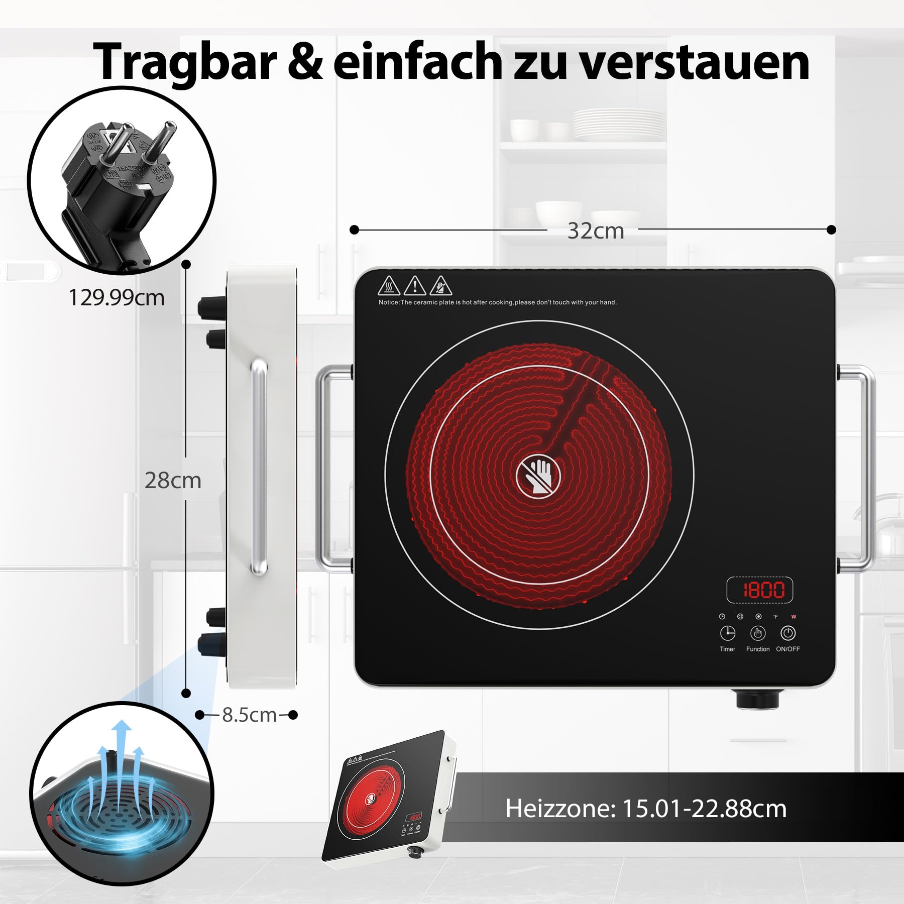 VBGK Cerankochfeld 1 Platte 220V Touch Knopf Elektrokochfeld 2000W Einzelnes Keramikkochfeld 10 Leistungsstufen Kindersicherung Timer
