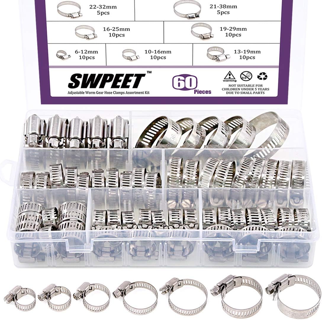 60Pcs Assorted Sizes Hose Clamps Kit, 304 Stainless Steel Adjustable 6-38mm Range Worm Gear Hose Clamp Perfect for Plumbing, Automotive and Mechanical Applications