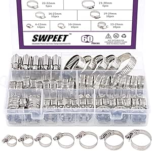 Swpeet 60Pcs Assorted Sizes Hose Clamps Kit, 304 Stainless Steel Adjustable 6-38mm Range Worm Gear Hose Clamp Perfect for Plumbing, Automotive And Mechanical Applications