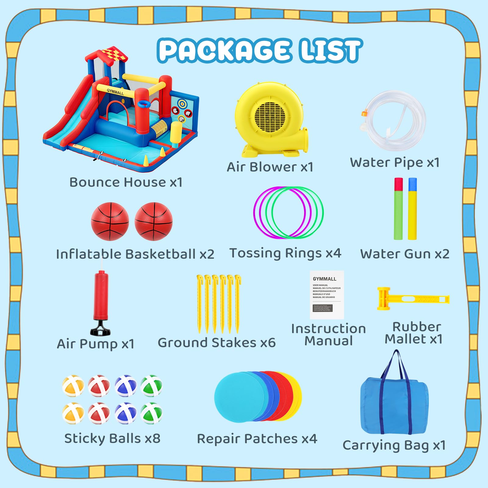 Castello Gonfiabile per Bambini – Gioco Multifunzione 8 in 1 con Scivolo, Parete da Arrampicata, Trampolino e Ventilatore 370W, Ideale per Uso Interno ed Esterno
