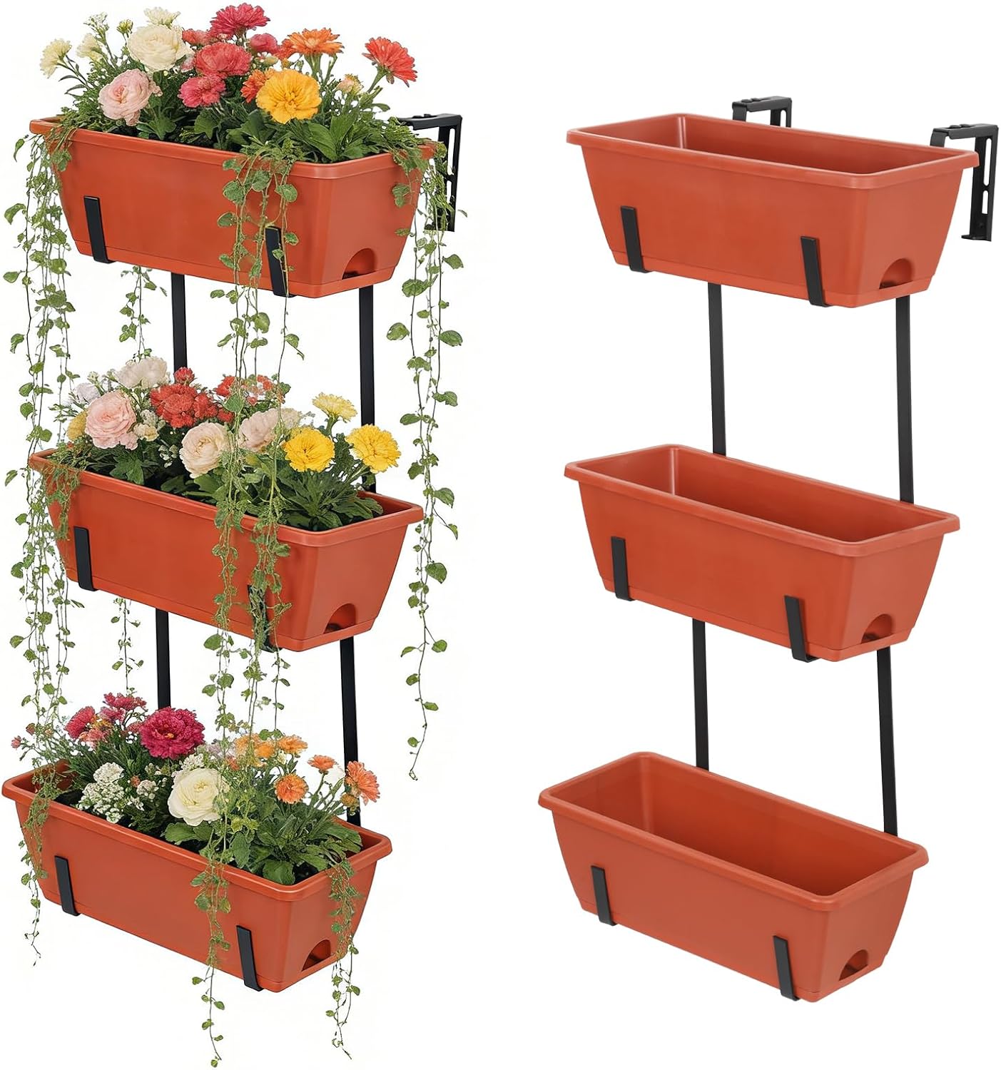 OYEAL Window Boxes Planter with Adjustable Hooks, Deck Rail Planters with 6 Detachable Plastic Planter Boxes, Drainage Holes for Indoor Outdoor