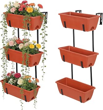 OYEAL Hanging Flower Pots for Railing Fence Outdoor Window Boxes Planter with Adjustable Hooks, Set of 2 Deck Rail Planters with 6 Detachable Plastic Planter Boxes, Drainage Holes, Brick Red
