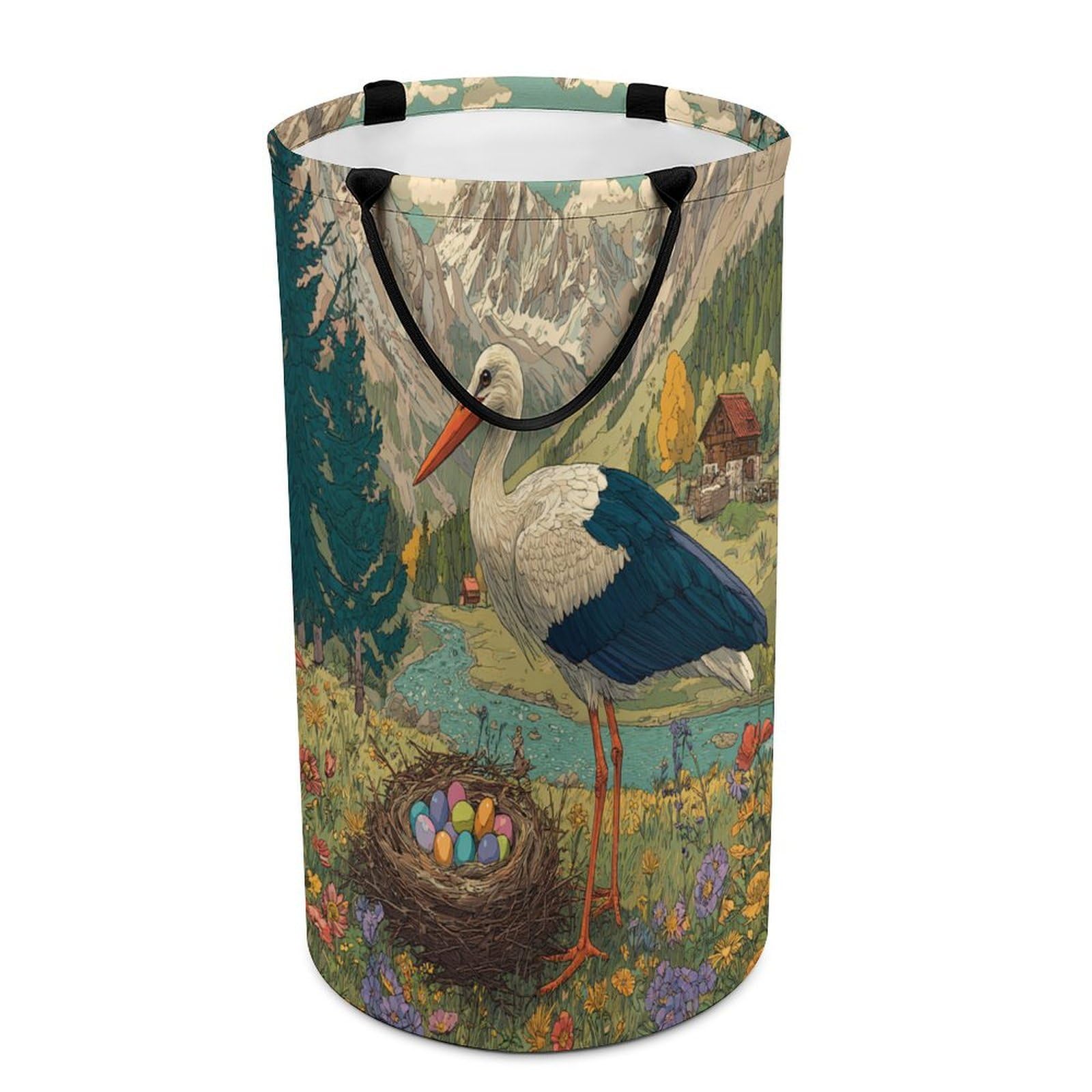 LUYYSKY Elegant Realistic Bird Crane Versatile Storage Laundry Basket, Modern Art Spring Landscape Colorful Eggs Animal Crane Large Capacity Bathroom Hamper With Handle