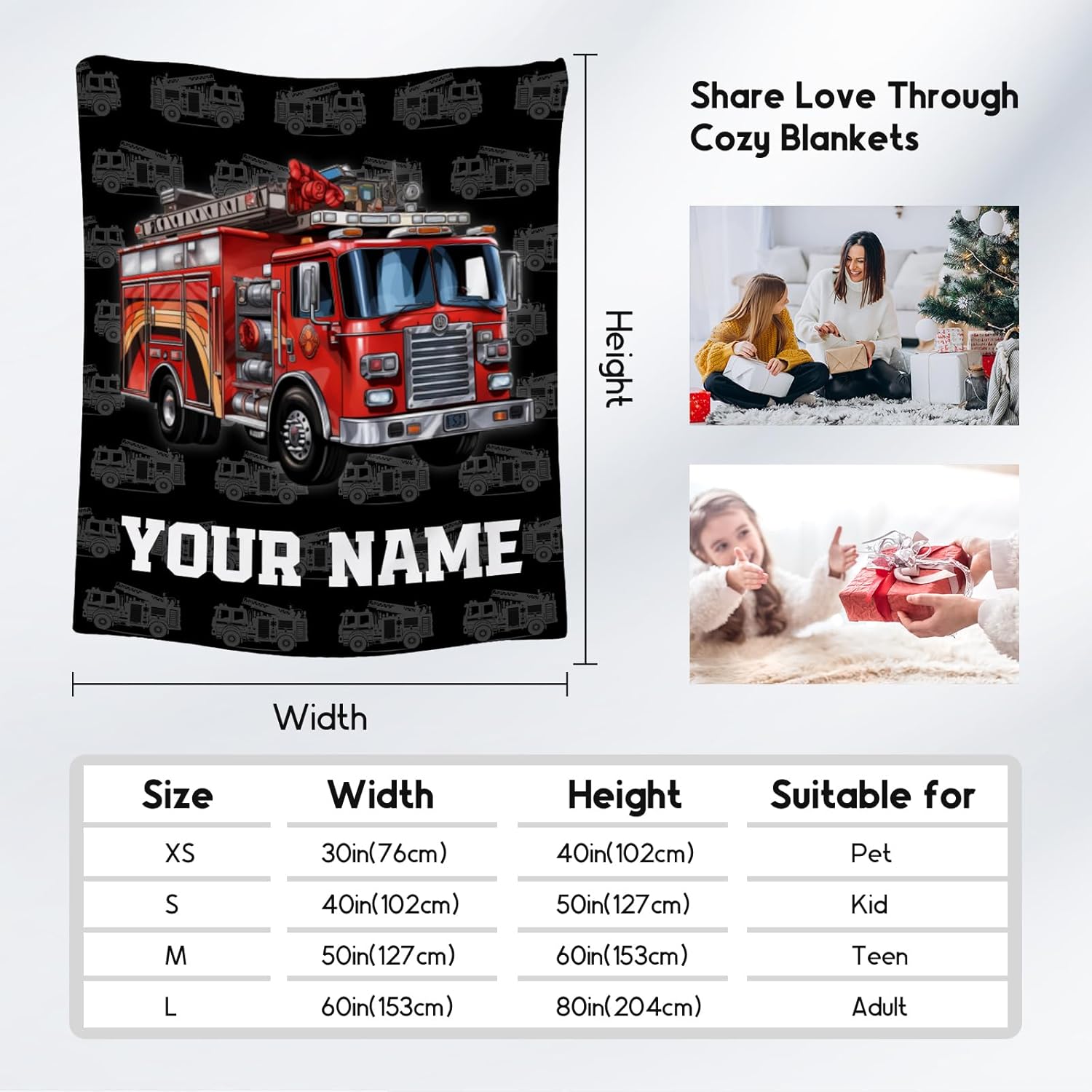 Toddler Blankets for Boys, Personalized Cozy Soft Fire Truck Throw Gifts for Kids, Black Flannel Firefighter Blankets for Couch Sofa, 40x50 Inches