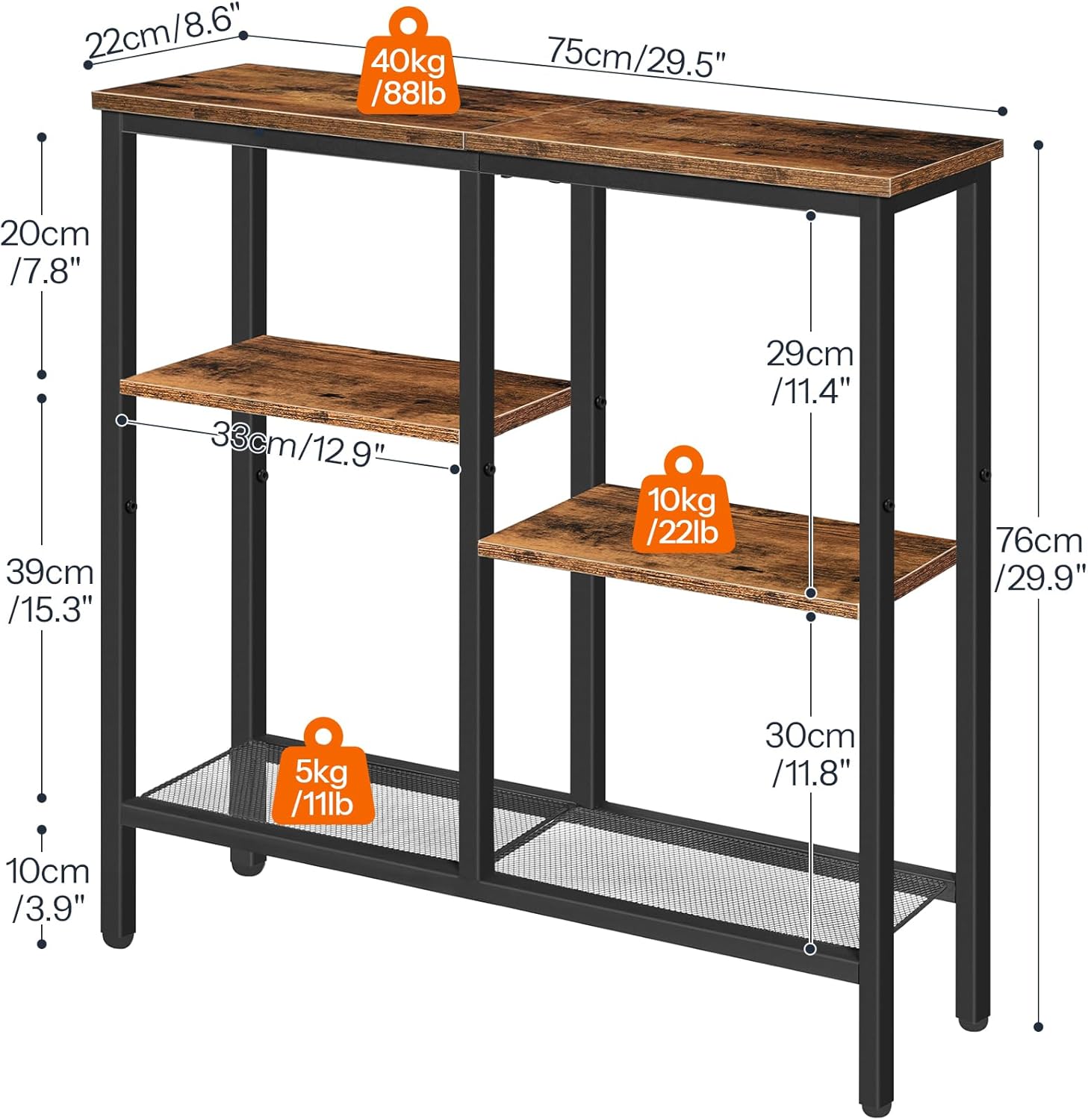 HOOBRO Narrow Console Table, Sofa Table, 4-Tier Industrial Entryway Table with Metal Mesh Shelf, Hallway Table with Adjustable Feet, for Entryway, Living Room, Hallway, Rustic Brown and Black BF79XG01