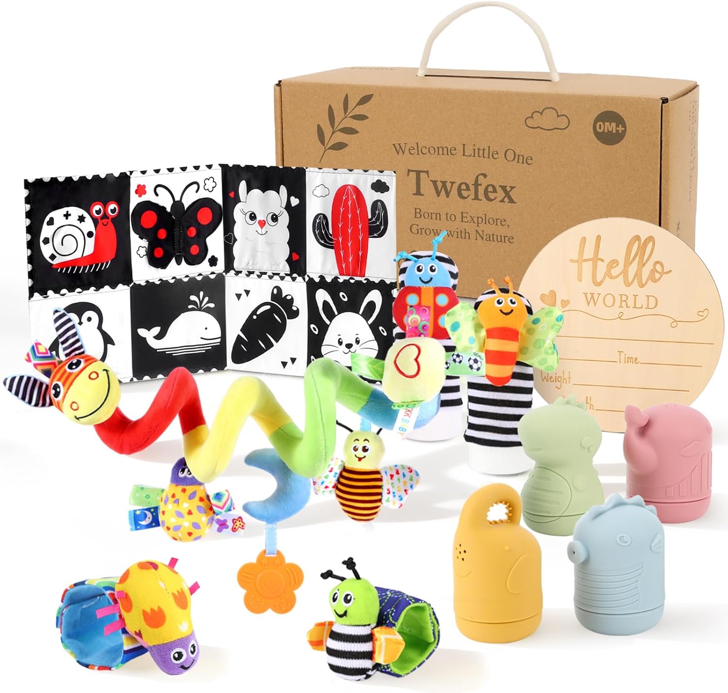 Wooden Montessori Learning Toy Set, Sensory and Thinking Play Set for Toddlers, 5-in-1 Bath Toys, Cloth Book, Hand and Foot Rattles, and Baby Sensory Toys Soft Hanging