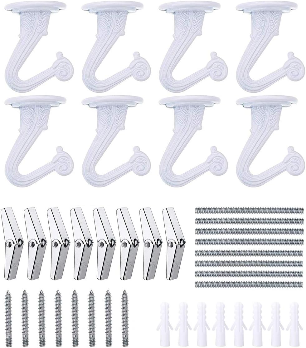 8 Sets Ceiling Hooks for Hanging Plants, Heavy Duty Small Metal Swag Hook with Toggle Bolt Hardware, Indoor Outdoor Wall Plant Hanger for Lights Décor (White)