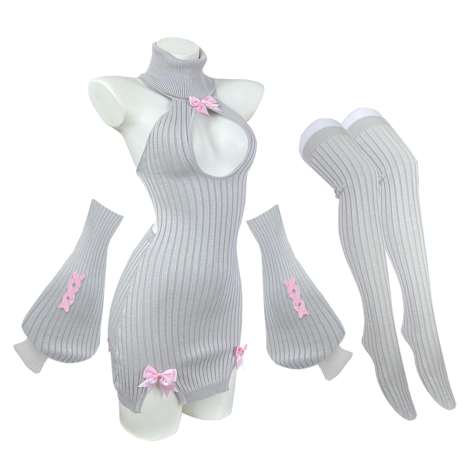 KORURACLUB Hollow Out Dress Sweater Costume premium sweater cosplay lingerie Mini Dress Sexy Lingerie: Grey L/XL