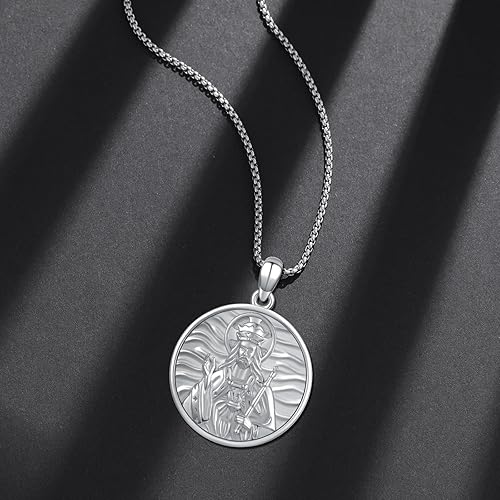 Vista 524 de Collar con colgante de plata de ley 925 con medalla de San Patrón, joyería religiosa para hombres y mujeres, con cadena de acero inoxidable 316L