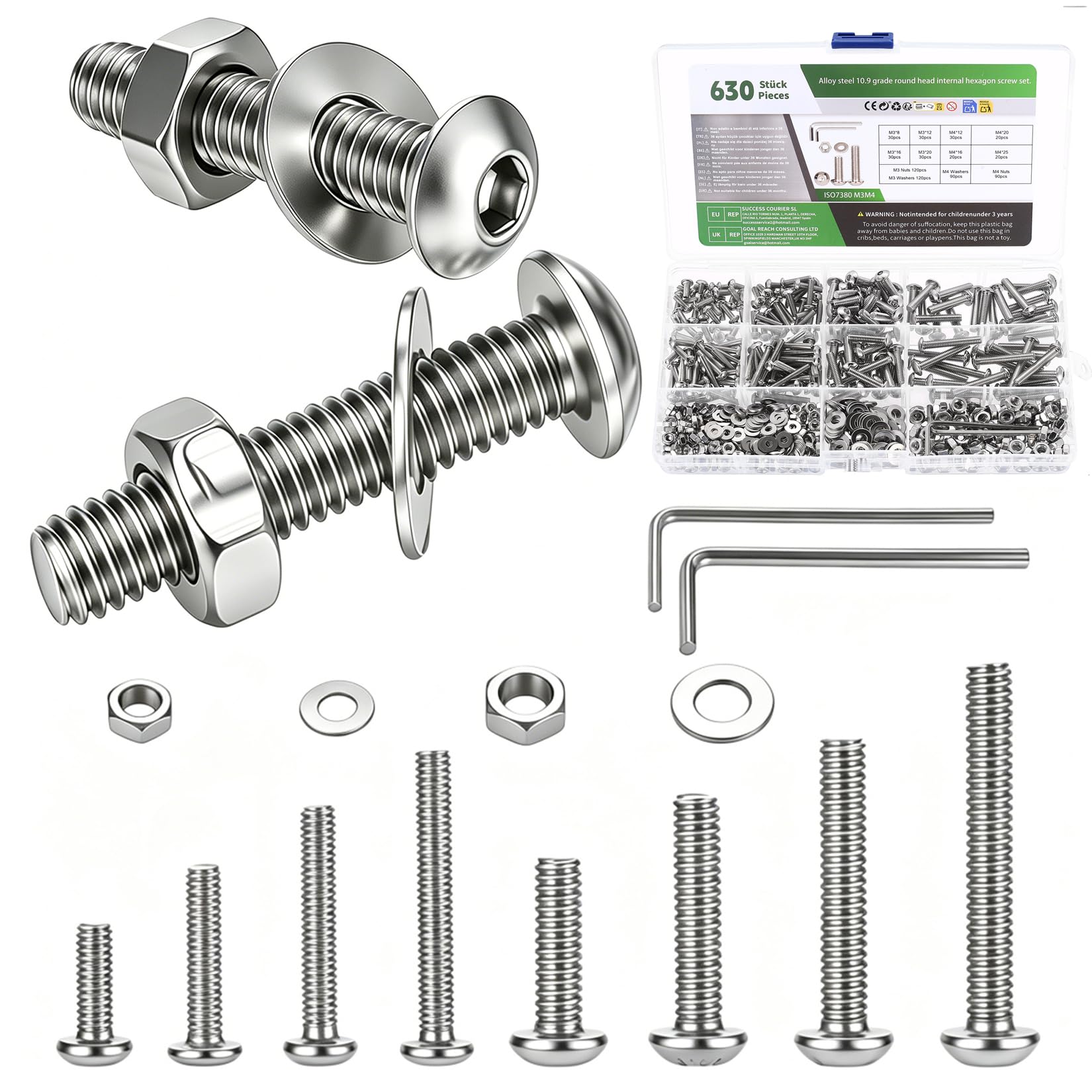 630 Pcs M3 M4 Screws Set, Assorted Nuts and Bolts Set, Round Head Bolts and Nuts Sets, Round Hex Socket Button Head Cap Screwsset, Silver Machine Screws and Washers Assortment Kit
