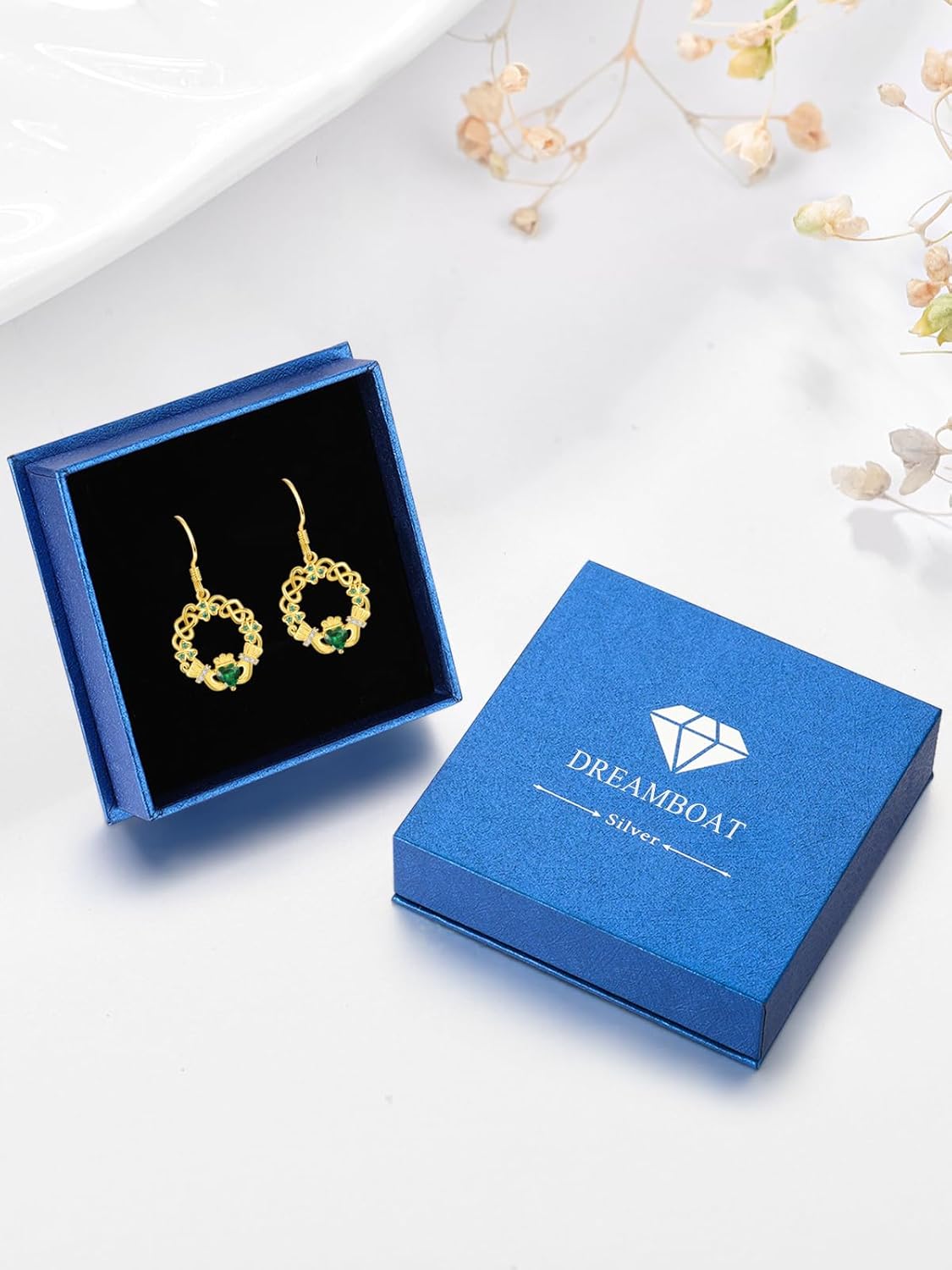 Dreamboat Sterling Silver Claddagh earrings for Women Celtic Knot Irish earrings Shamrock Clover Heart Green Emerald May Birthstone Irish Gift Made In Ireland Luck Scottish Jewelry - Image 8