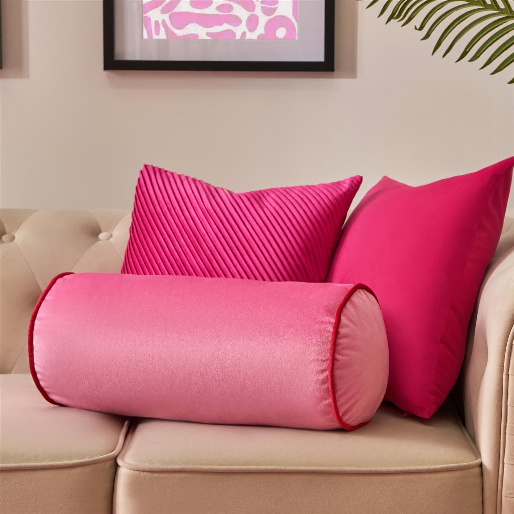 Ohs Pink/Red Neck Roll Pillow Matte Velvet Round Bolster Pillows For Sleeping Armrest Soft Pillow Cushion Yoga Bolster Cushion For Sofa Bed, - 46 X 20Cm