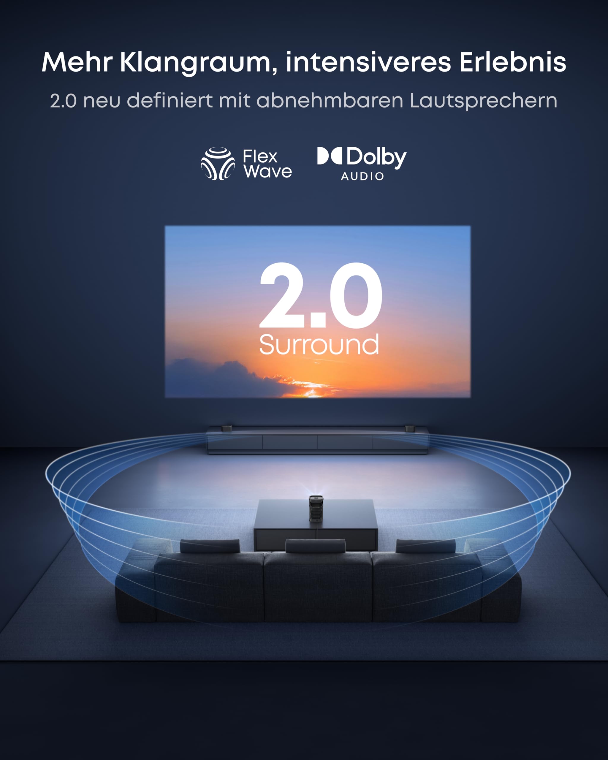 Nebula by Anker P1 Tragbarer Projektor, kabellose, abnehmbare Lautsprecher | 1080P, 650 ANSI Lumen, 20W 2.0 Surround Sound, 130° Dual-Arm Gimbal, Auto-Bildanpassung, 120" Bildschirm, Tragegriff, GTV