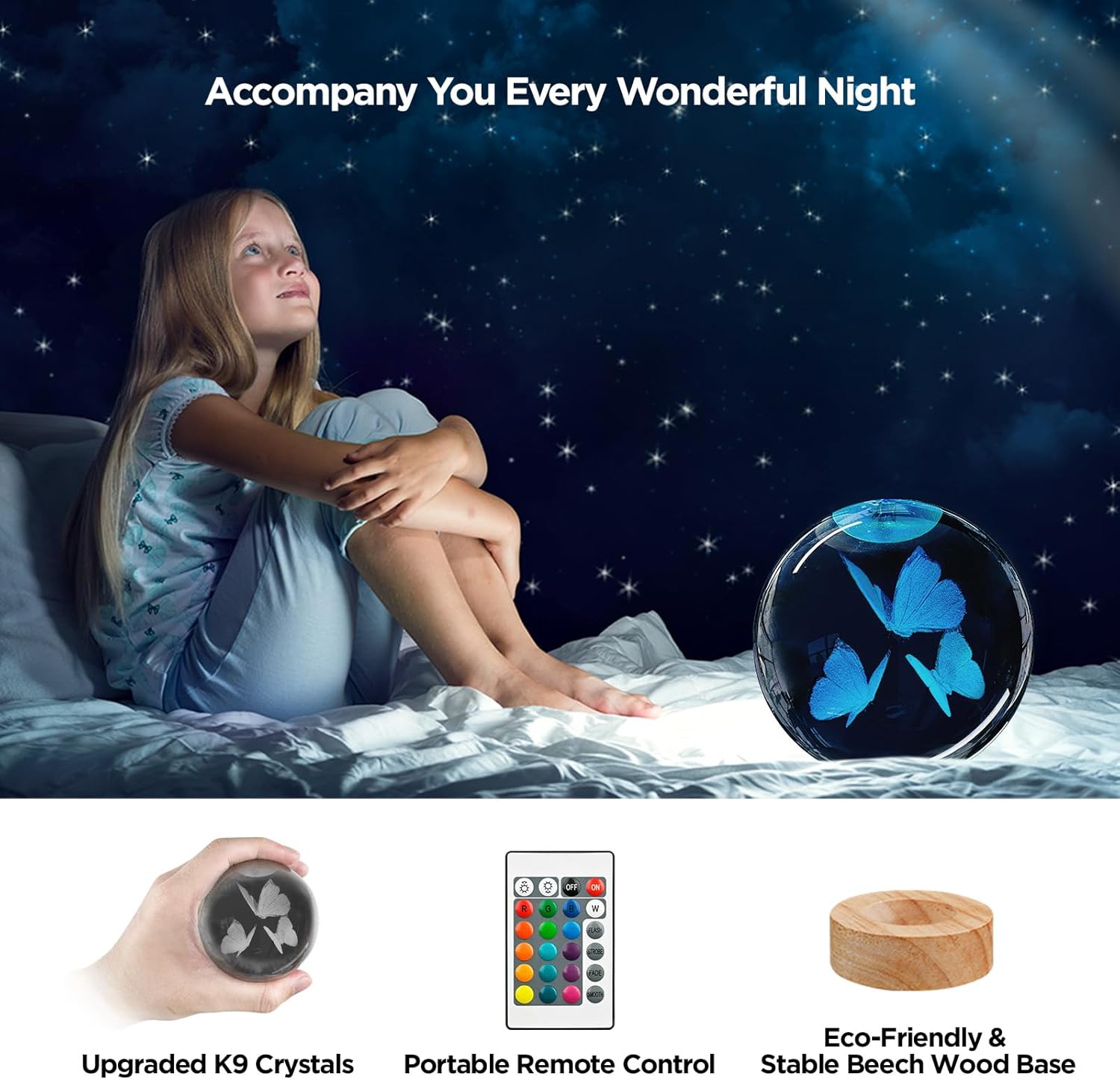 3D Butterfly Crystal Ball Night Light with Woodern Base, 3.15" Butterfly Figurine Glass Lamp with 16 Colors Cute Desk Decor for Home Butterfly Gifts for Women Kids Friends - Image 4