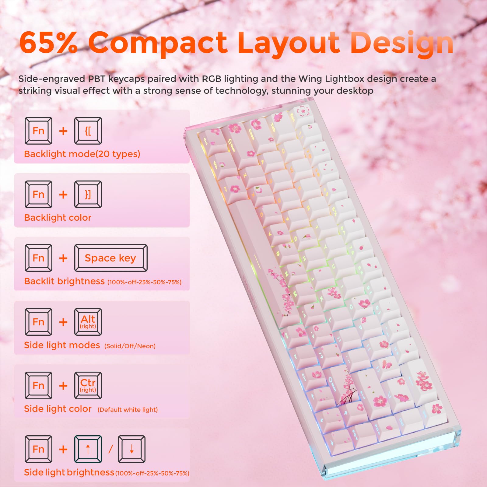 DAREU COOL68 Sakura Pink Clavier Gaming 8000 Hz Rapid Trigger, Précision RT de 0,01mm, 65% Filaire Clavier avec Magnétique Hall Effect Switches, Hot Swap, Gasket, 20 RGB Modes, Actionnement Réglable