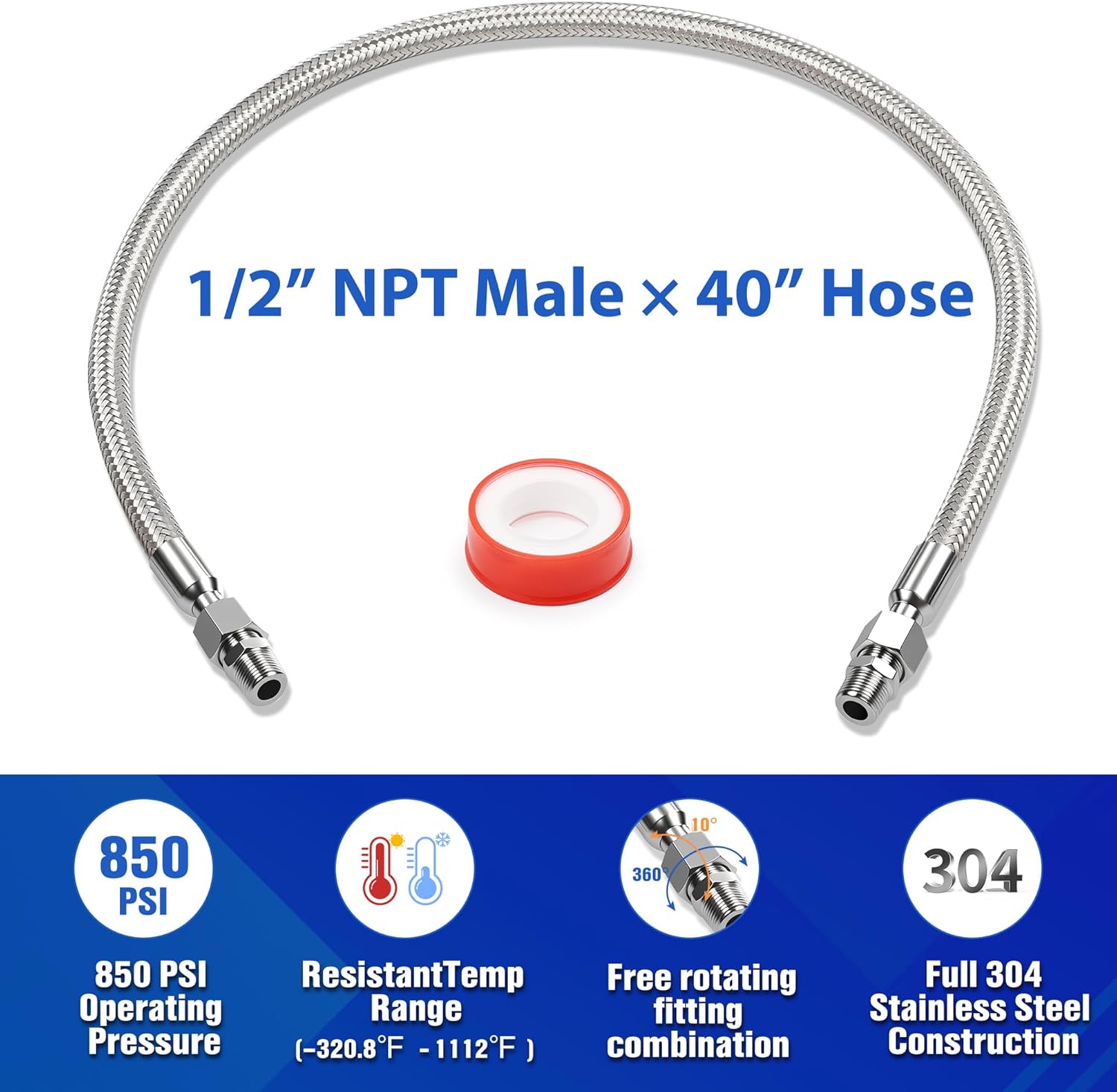 1/2" x 40" Flexible Compressor Jumper Hose – Corrugated Stainless Core, Braided Cover, 870 PSI, 1/2" NPT Swivel Male Ends