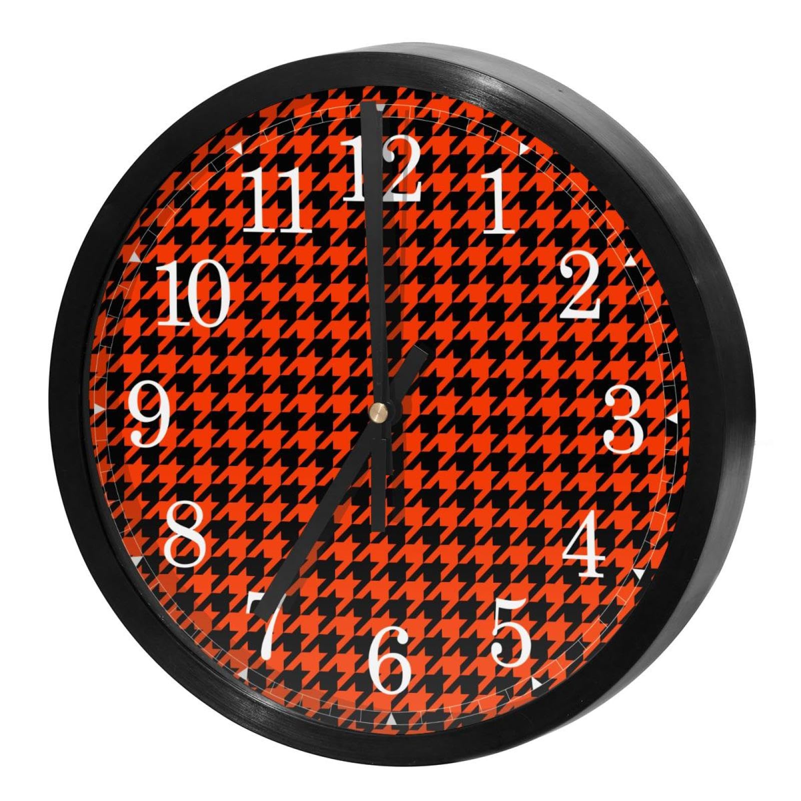 Horloge murale silencieuse à quartz précise avec motif pied-de-poule orange pour un salon design