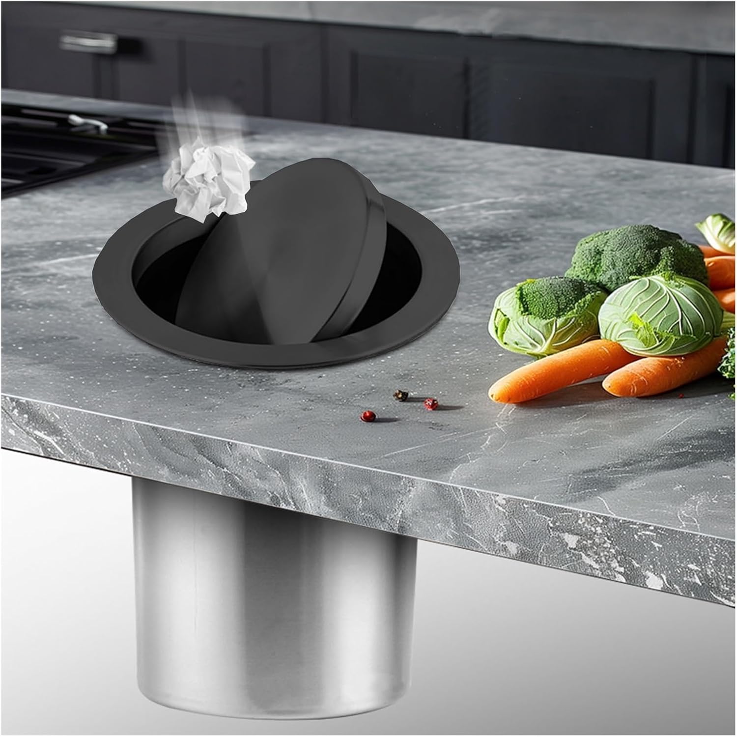 Round Balance Flap Cover Trash Bin Swin, Countertop Embedded Waste Lid, 304 Stainless Steel Kitchen Garbage Can Grommet Recessed Trash Can Covers(Black,18-20cm/7-7.9in Opening)