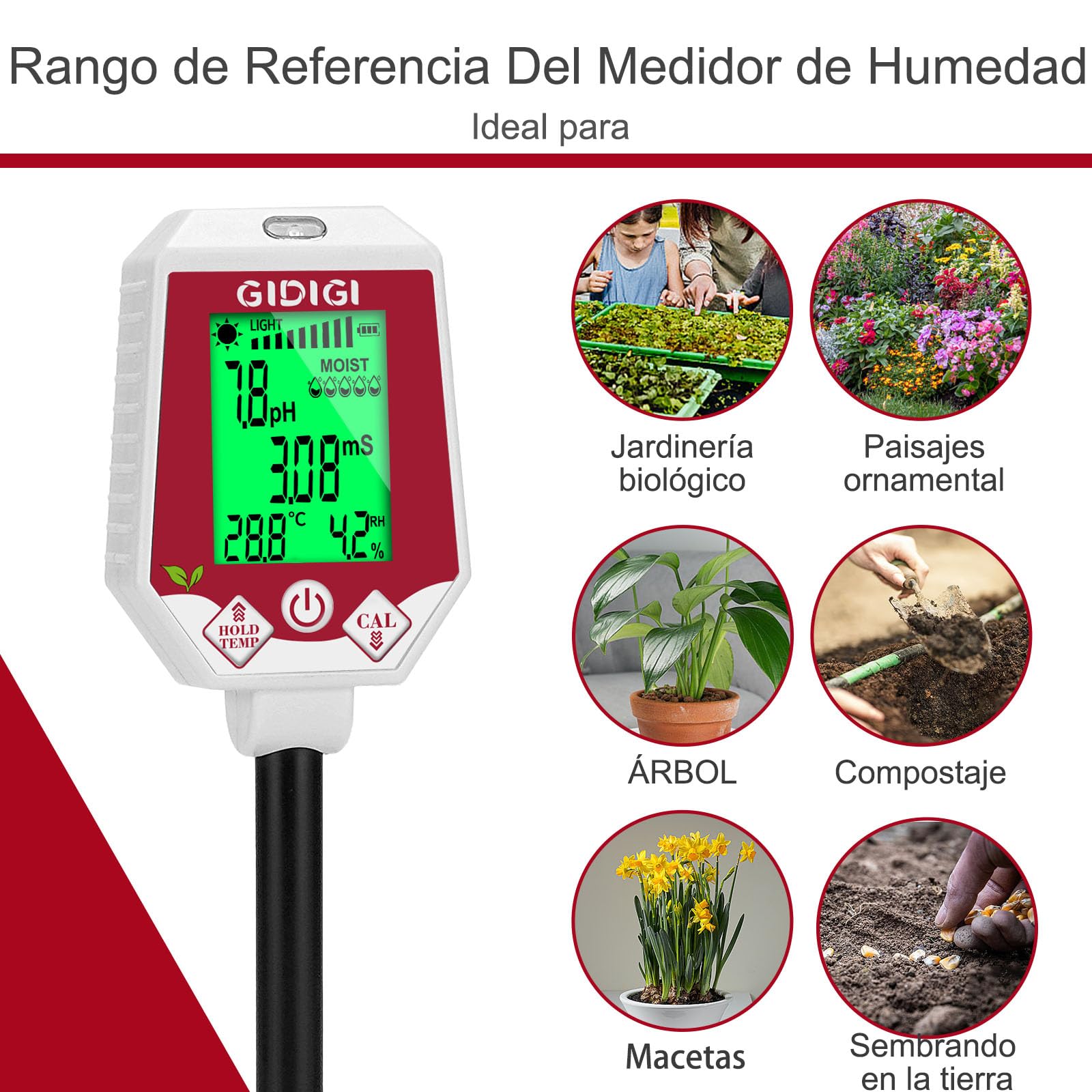Medidor de pH y Humedad del Suelo 6 en 1, Monitor de Humedad de Plantas, medidor Digital de Humedad del Suelo para Plantas, Sensor para jardinería, Agricultura, Plantas de Interior y Exterior