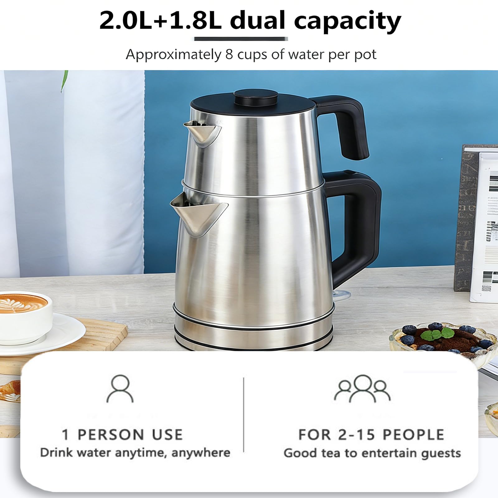 Turecki czajniczek elektryczny 2 l + 1,8 l, inteligentny zaparzacz do herbaty ze stali nierdzewnej, korpus obrotowy 360°, utrzymuje ciepło w temperaturze od 85 do 95°C, z filtrem do herbaty