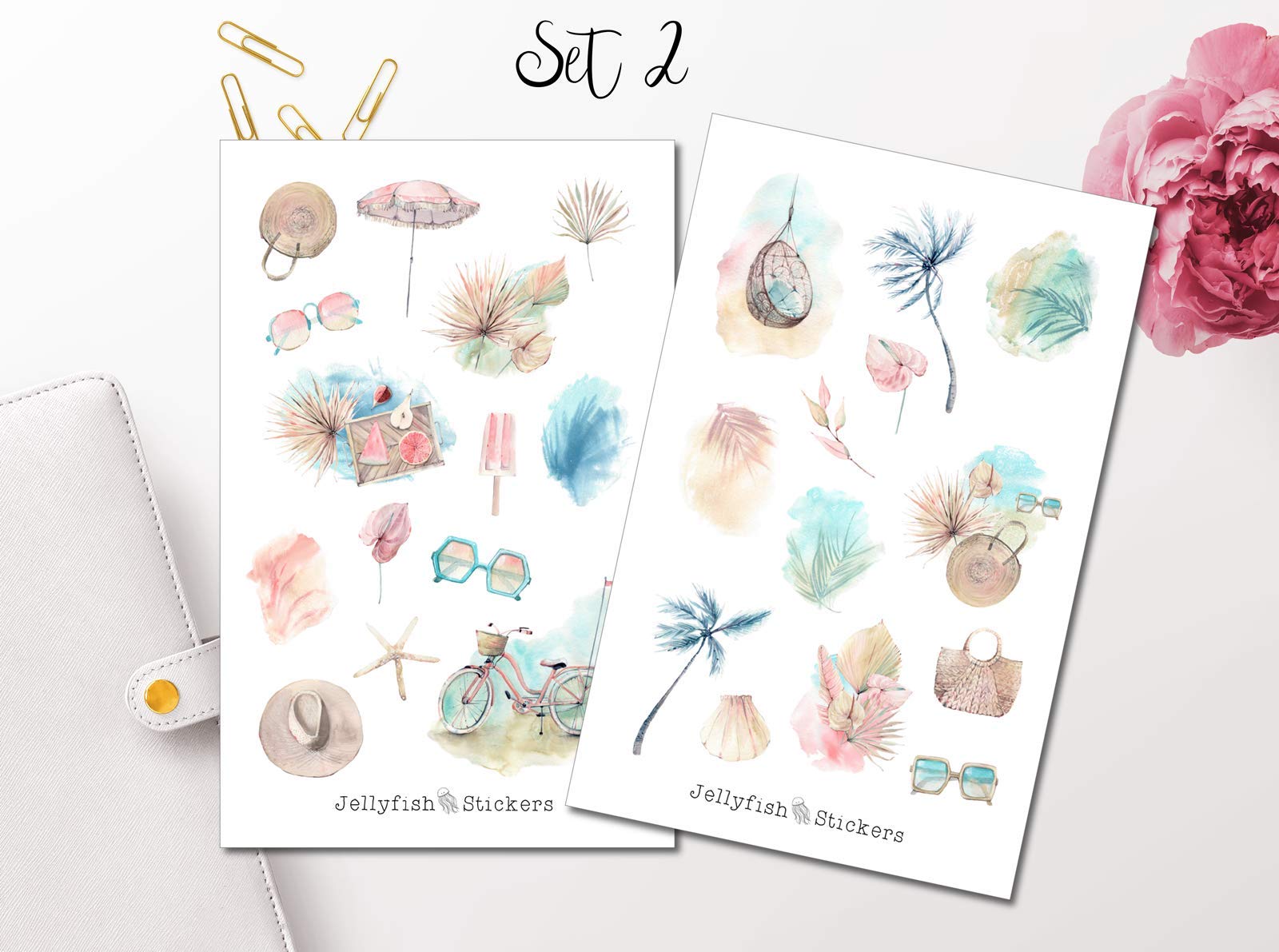 Sommer Watercolor Sticker Set – Meer-Motive (Anker, Muscheln, Strand) Für Journal, Scrapbooking